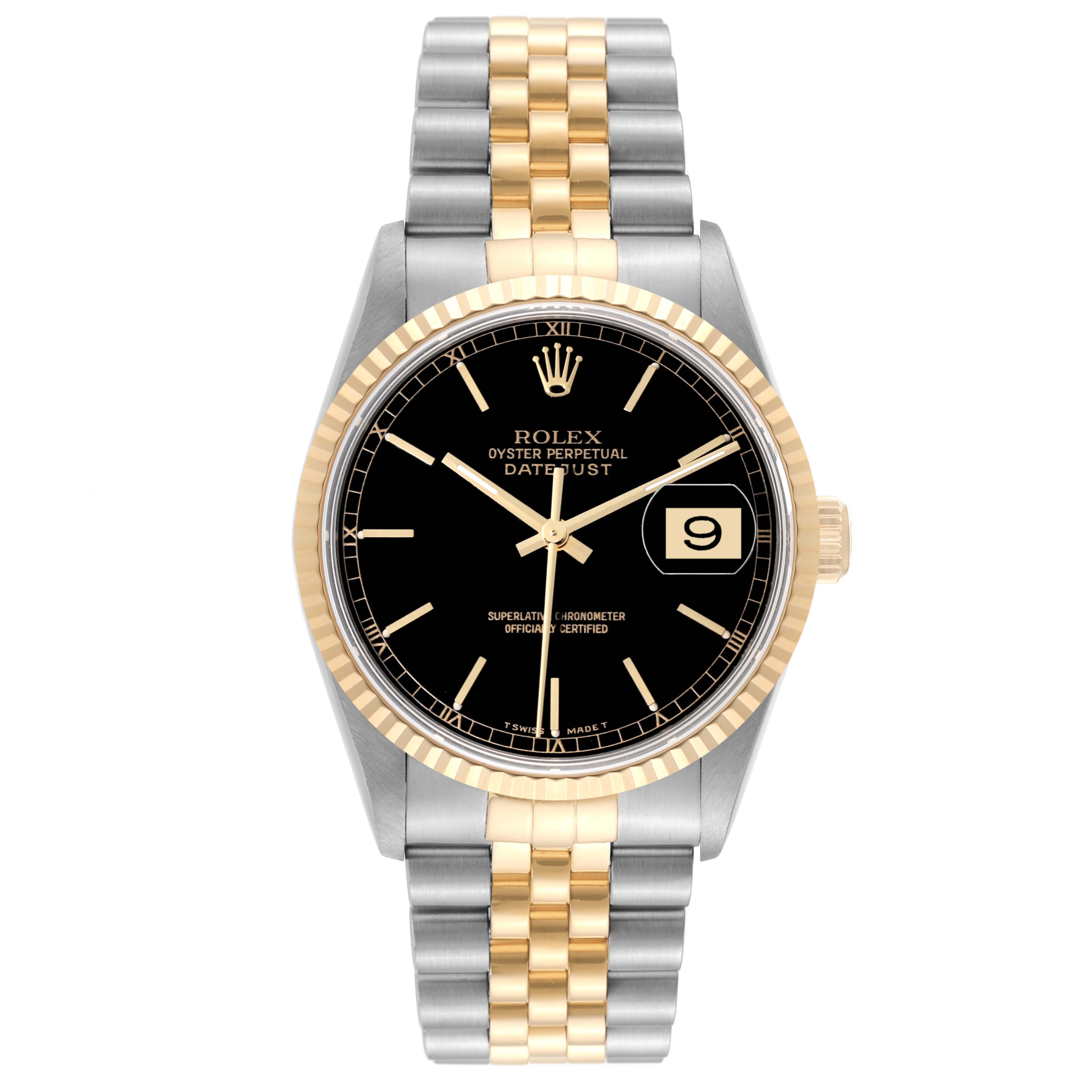 The image shows a frontal view of a Rolex Datejust 16233 Men's Steel and Gold (two tone) Black Dial 16233 Men's Steel and Gold (two tone) Black Dial watch, featuring a black dial with a date window at 3 o'clock, gold fluted bezel, and two-tone bracelet.