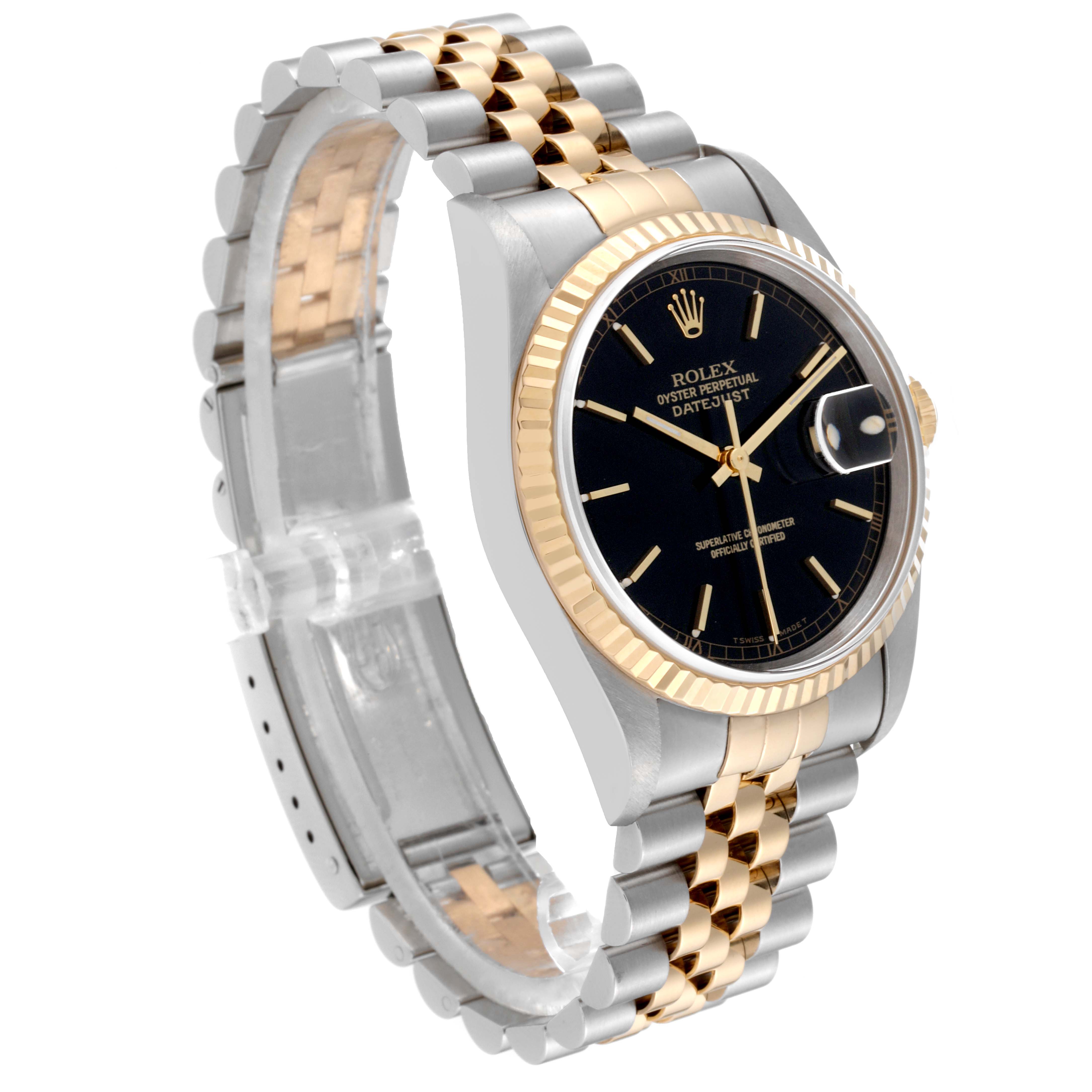 The Rolex Datejust 16233 Men's Steel and Gold (two tone) Black Dial 16233 Men's Steel and Gold (two tone) Black Dial watch is shown at a slight angle, displaying its face, bezel, and two-tone jubilee bracelet.