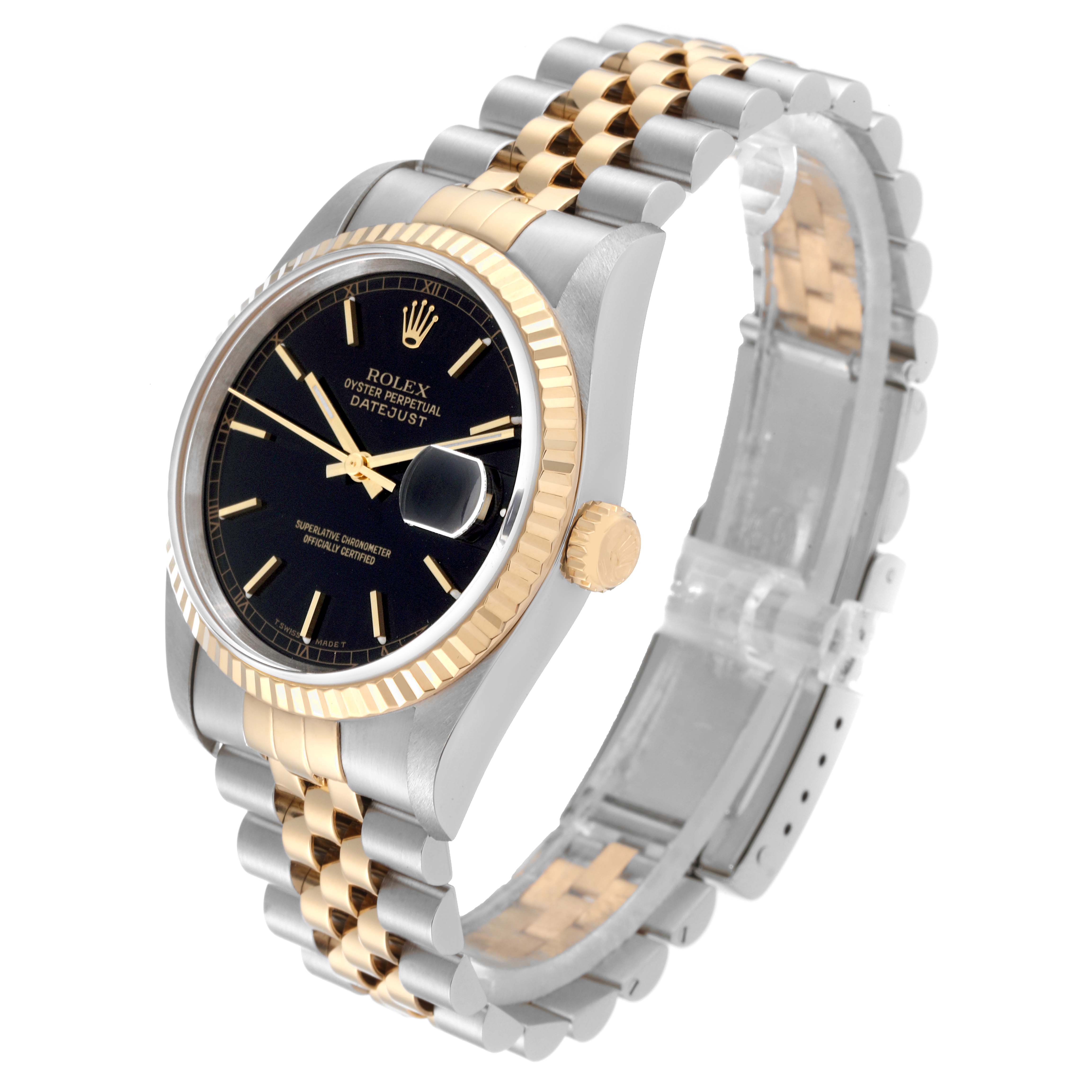 The image shows a side and front angle of the Rolex Datejust 16233 Men's Steel and Gold (two tone) Black Dial 16233 Men's Steel and Gold (two tone) Black Dial watch, highlighting its black dial, fluted bezel, and two-tone metal bracelet.
