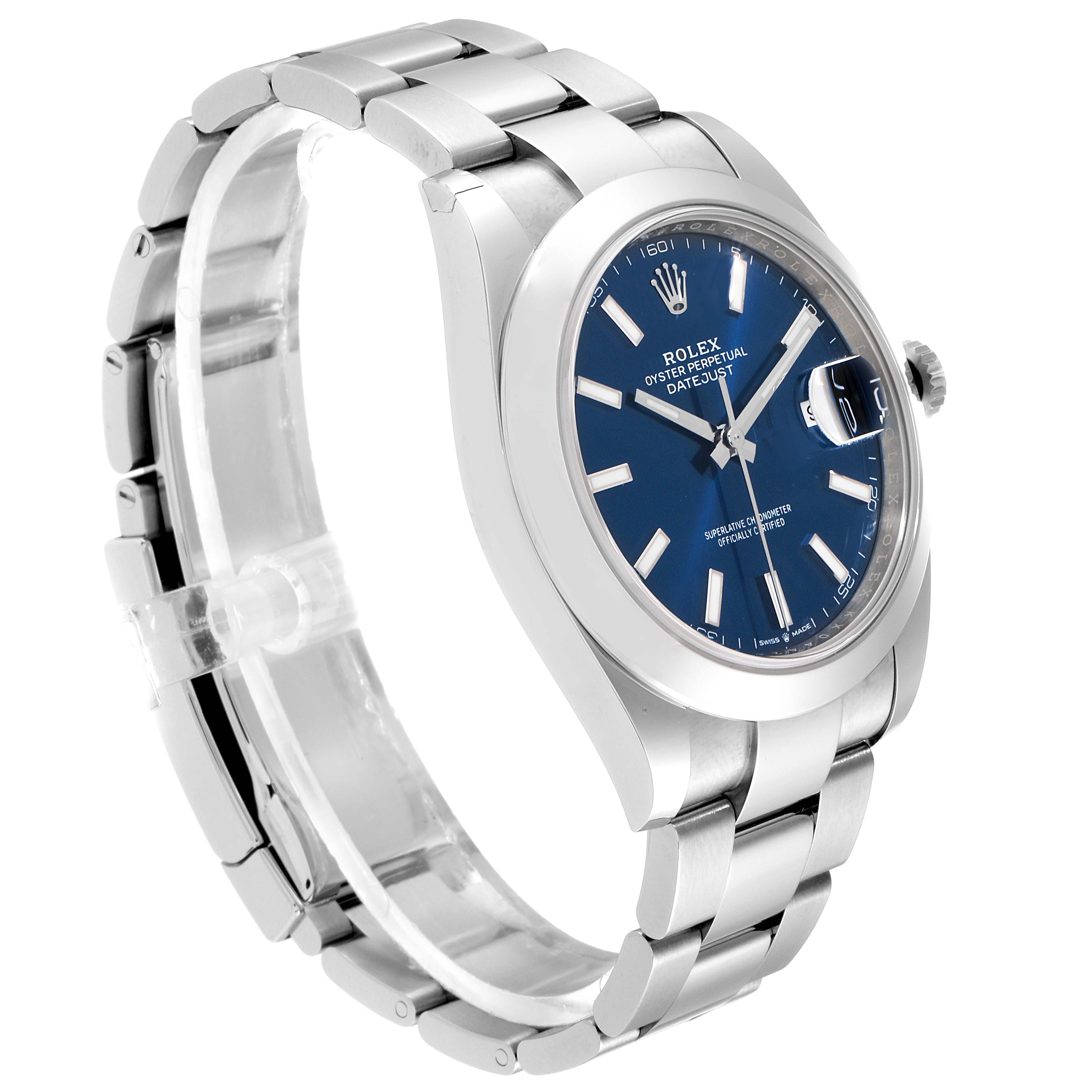 The Rolex Datejust 41 126300 Men
s Stainless Steel Blue Dial 126300 Men
s Stainless Steel Blue Dial watch is shown at a slight angle, displaying its face, bezel, crown, and part of the stainless steel bracelet.