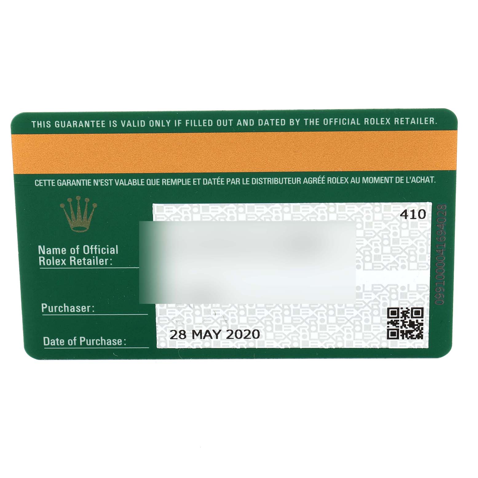 This image shows the guarantee card for the Datejust 41 model by Rolex.