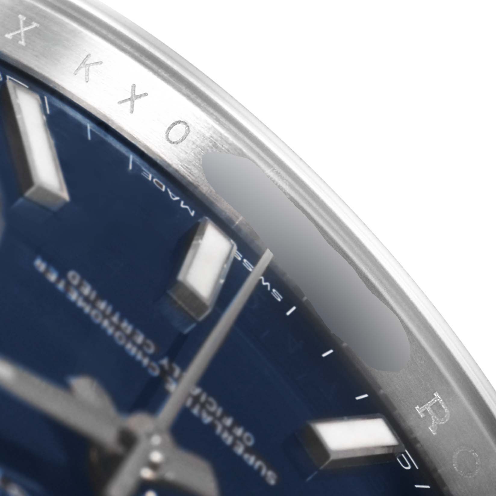 This image shows a close-up angle of the dial and bezel of a Rolex Datejust 41 126300 Men
s Stainless Steel Blue Dial 126300 Men
s Stainless Steel Blue Dial watch.
