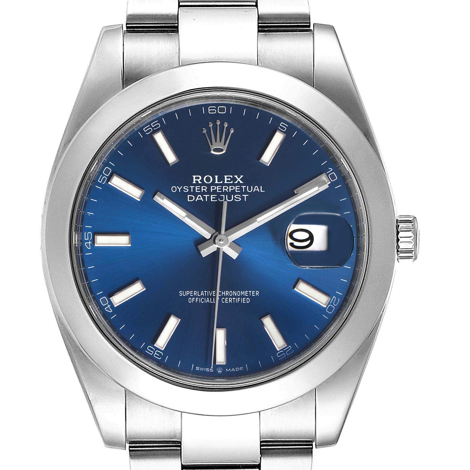 This image shows a close-up, front view of the Rolex Datejust 41 126300 Men
s Stainless Steel Blue Dial 126300 Men
s Stainless Steel Blue Dial watch, highlighting its blue dial, bezel, and bracelet.