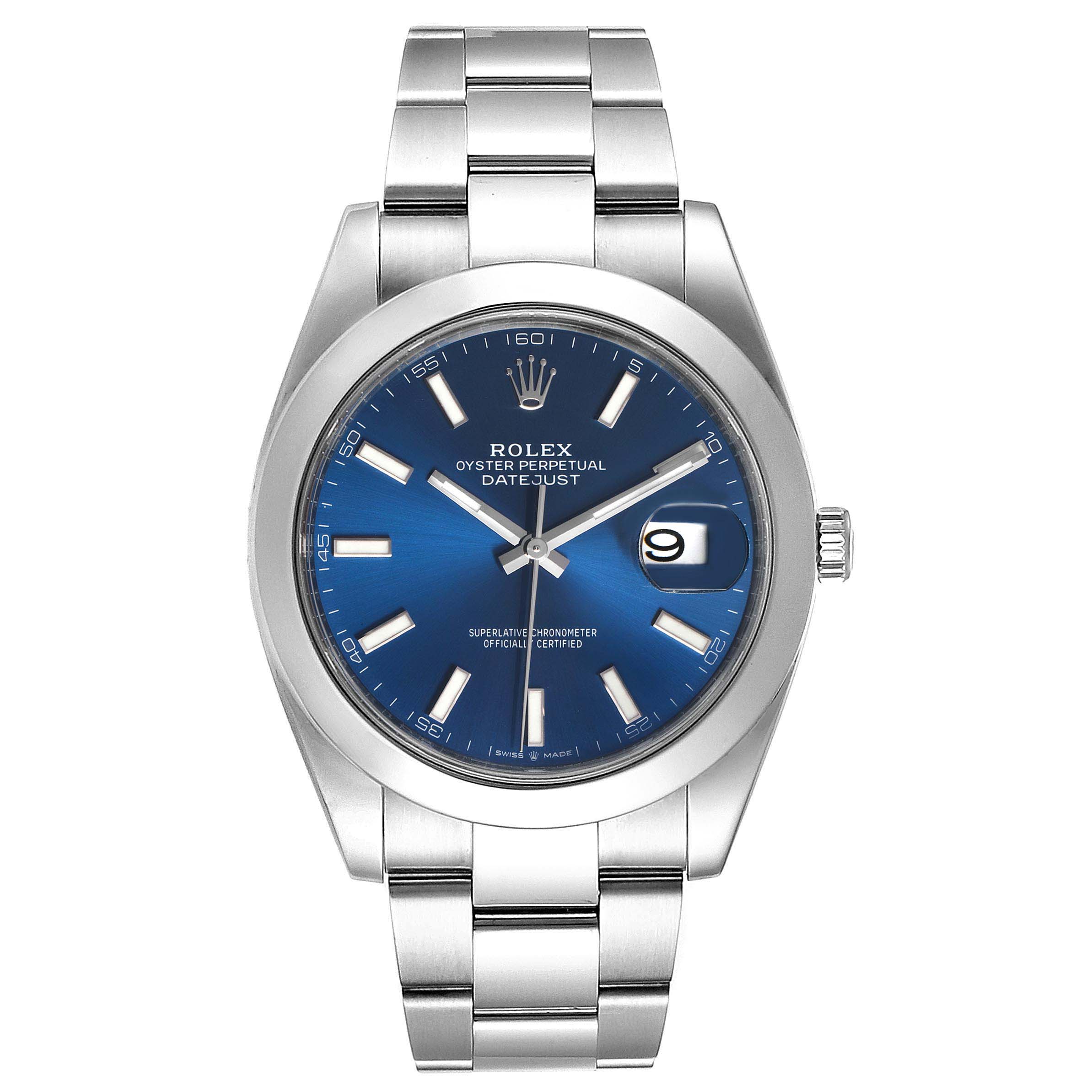 The Rolex Datejust 41 126300 Men
s Stainless Steel Blue Dial 126300 Men
s Stainless Steel Blue Dial watch is shown from a front angle, displaying the blue dial, bracelet, and date window.