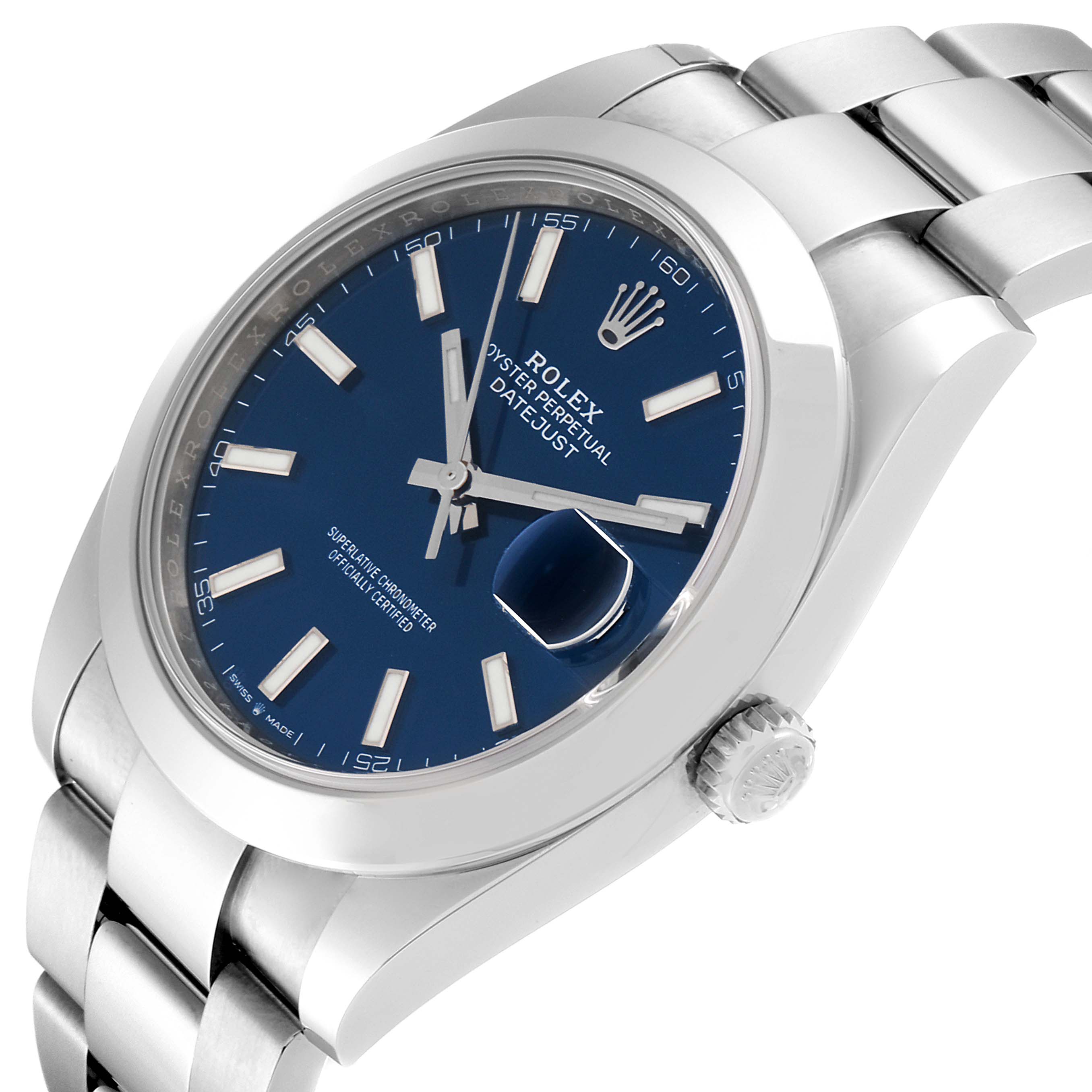 The image shows a Rolex Datejust 41 126300 Men
s Stainless Steel Blue Dial 126300 Men
s Stainless Steel Blue Dial watch from an angled close-up, highlighting the blue dial, crown, and stainless steel bracelet.