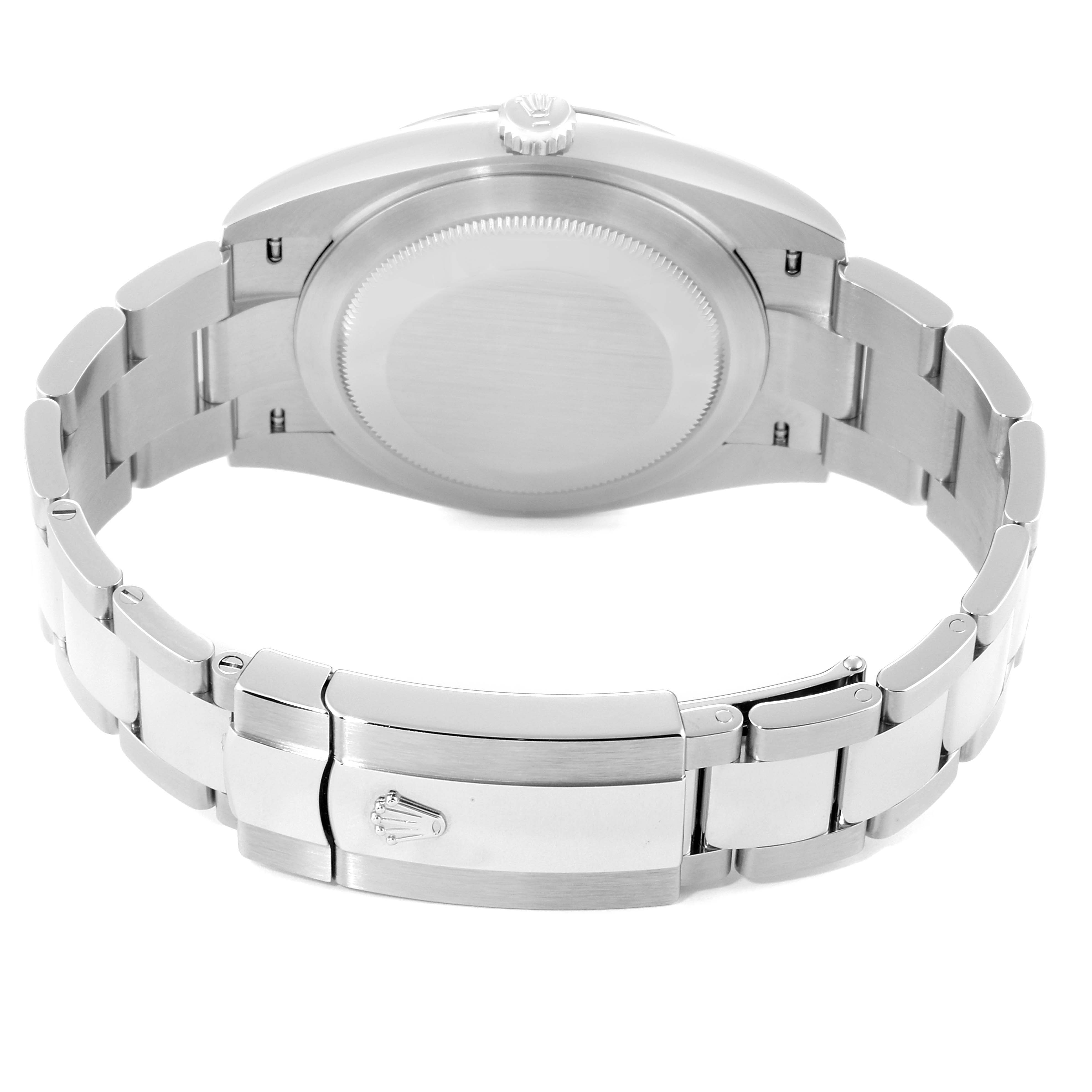 The image shows the back view of the Rolex Datejust 41 126300 Men
s Stainless Steel Blue Dial 126300 Men
s Stainless Steel Blue Dial watch, highlighting the case back and bracelet with a clasp.