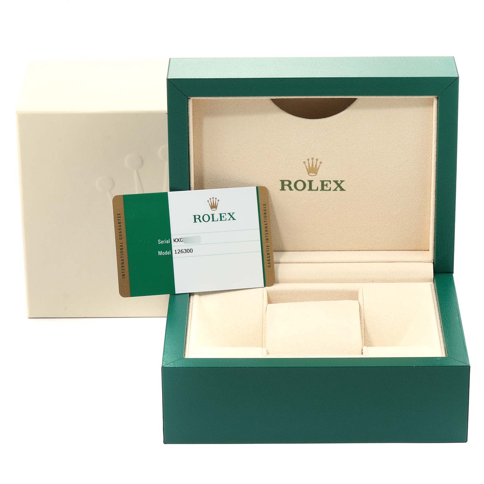 This image shows the open box and warranty card for the Rolex Datejust 41 126300 Men
s Stainless Steel Blue Dial 126300 Men
s Stainless Steel Blue Dial model.