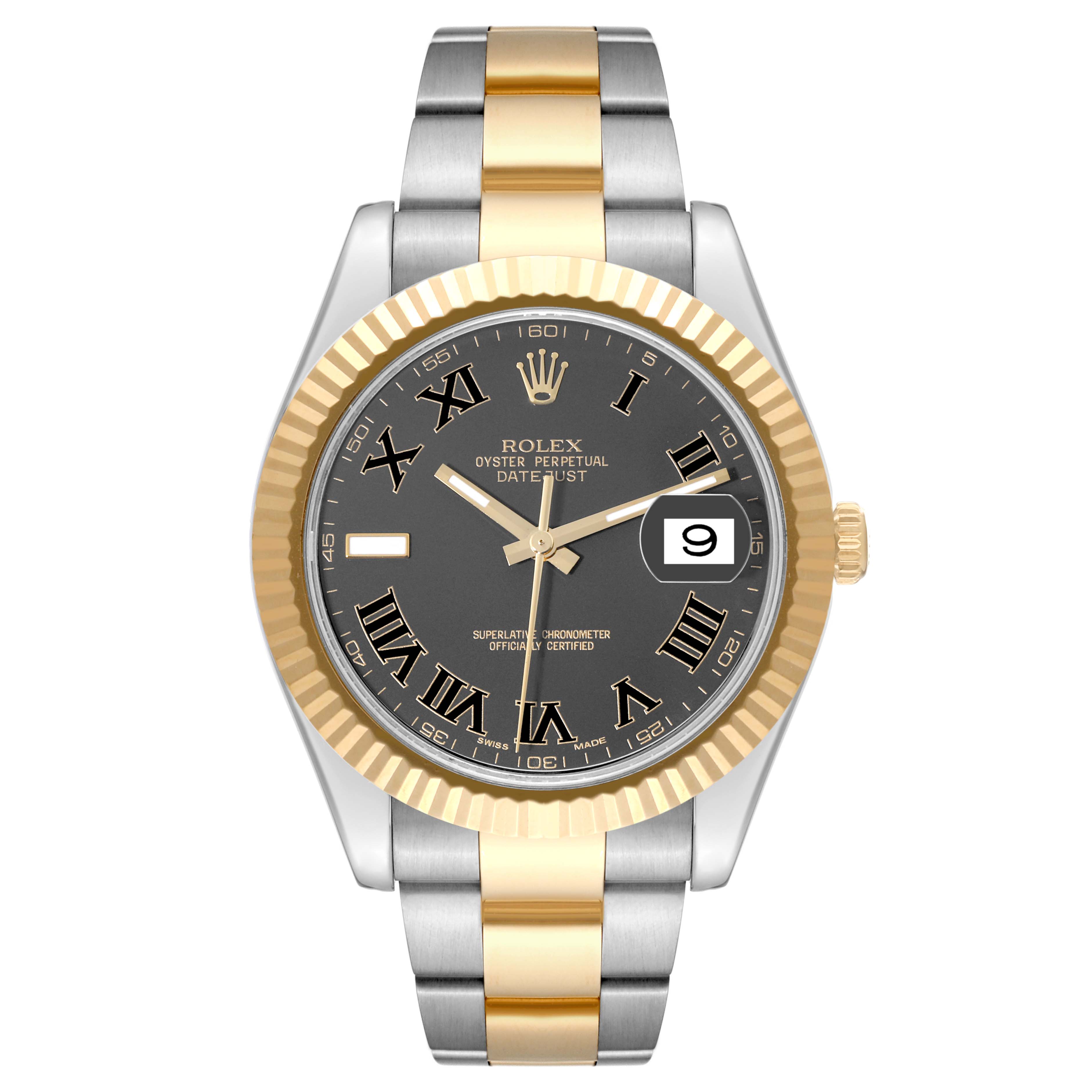 The Rolex Datejust 41 116333 Men's Steel and Gold (two tone) Black Dial 116333 Men's Steel and Gold (two tone) Black Dial model watch is shown from a front angle, displaying the face, bezel, and bracelet.