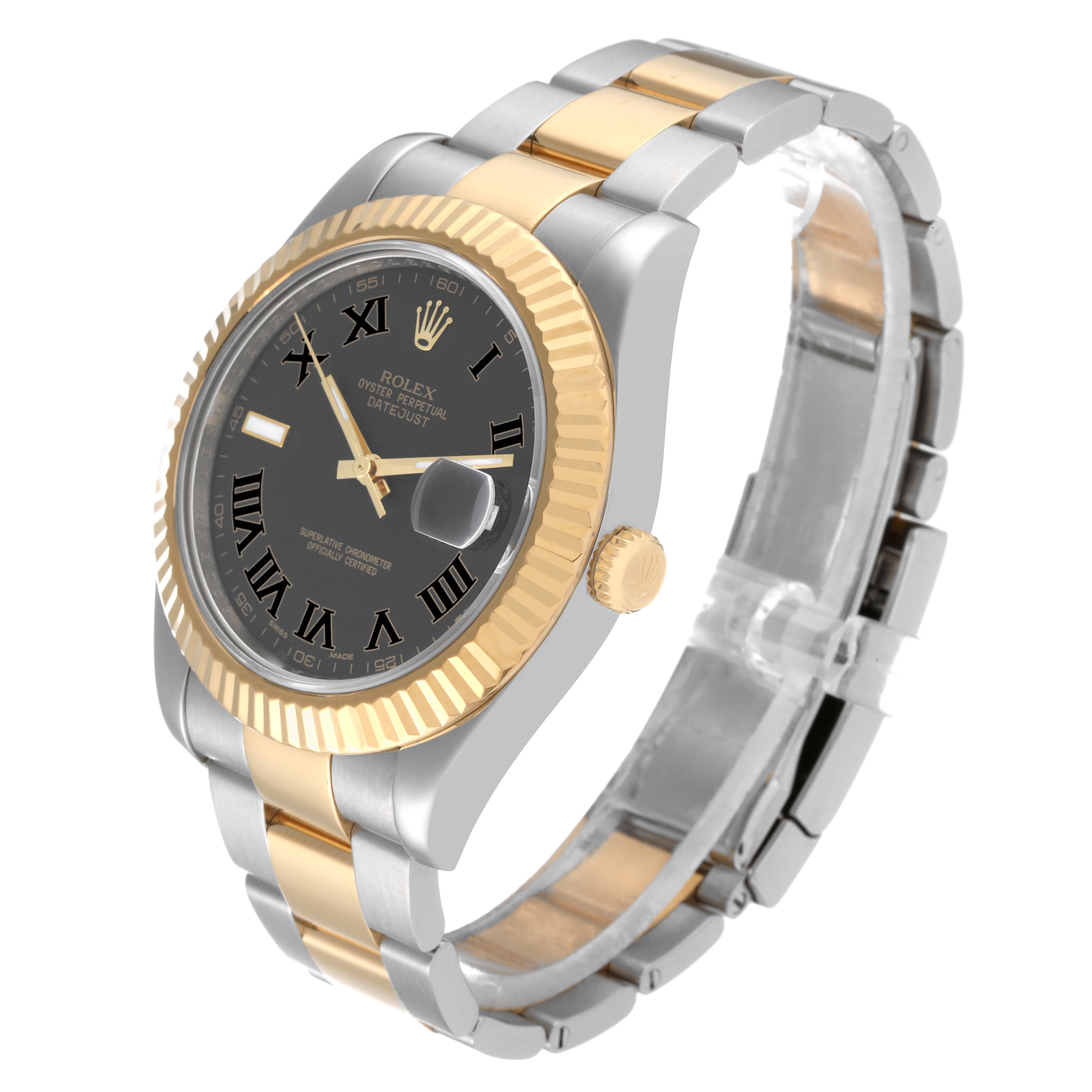 This image shows a Rolex Datejust 41 116333 Men's Steel and Gold (two tone) Black Dial 116333 Men's Steel and Gold (two tone) Black Dial watch at an angle, highlighting its two-tone bracelet, fluted bezel, and black dial with Roman numerals.