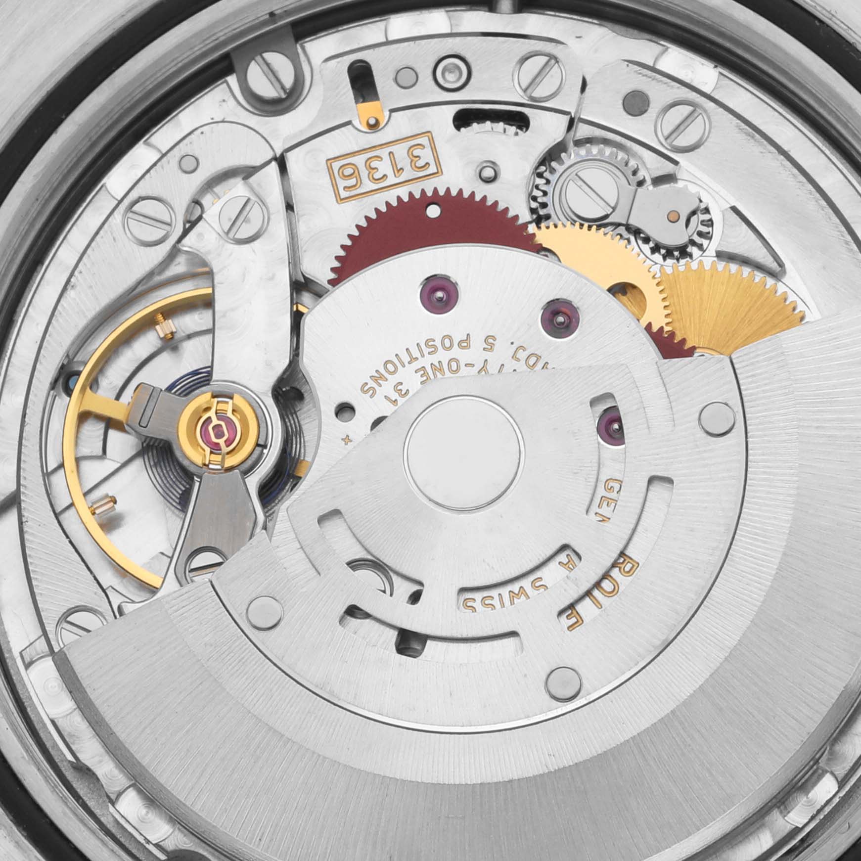 The image shows a close-up view of the intricate internal movement mechanism of the Rolex Datejust 41 116333 Men's Steel and Gold (two tone) Black Dial 116333 Men's Steel and Gold (two tone) Black Dial watch.