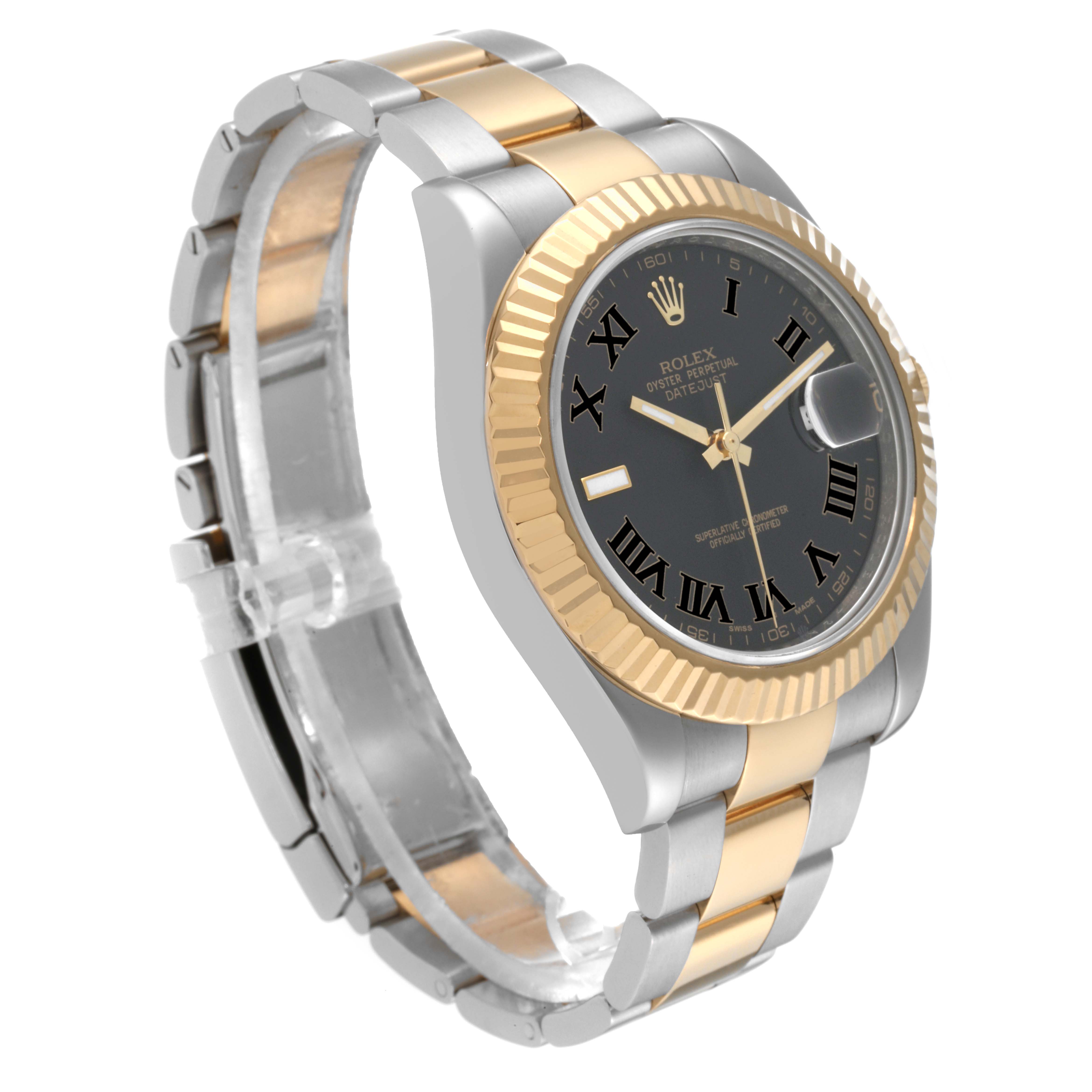 The image shows a Rolex Datejust 41 116333 Men's Steel and Gold (two tone) Black Dial 116333 Men's Steel and Gold (two tone) Black Dial watch at a three-quarter angle, highlighting its black dial, gold fluted bezel, and two-tone metal bracelet.