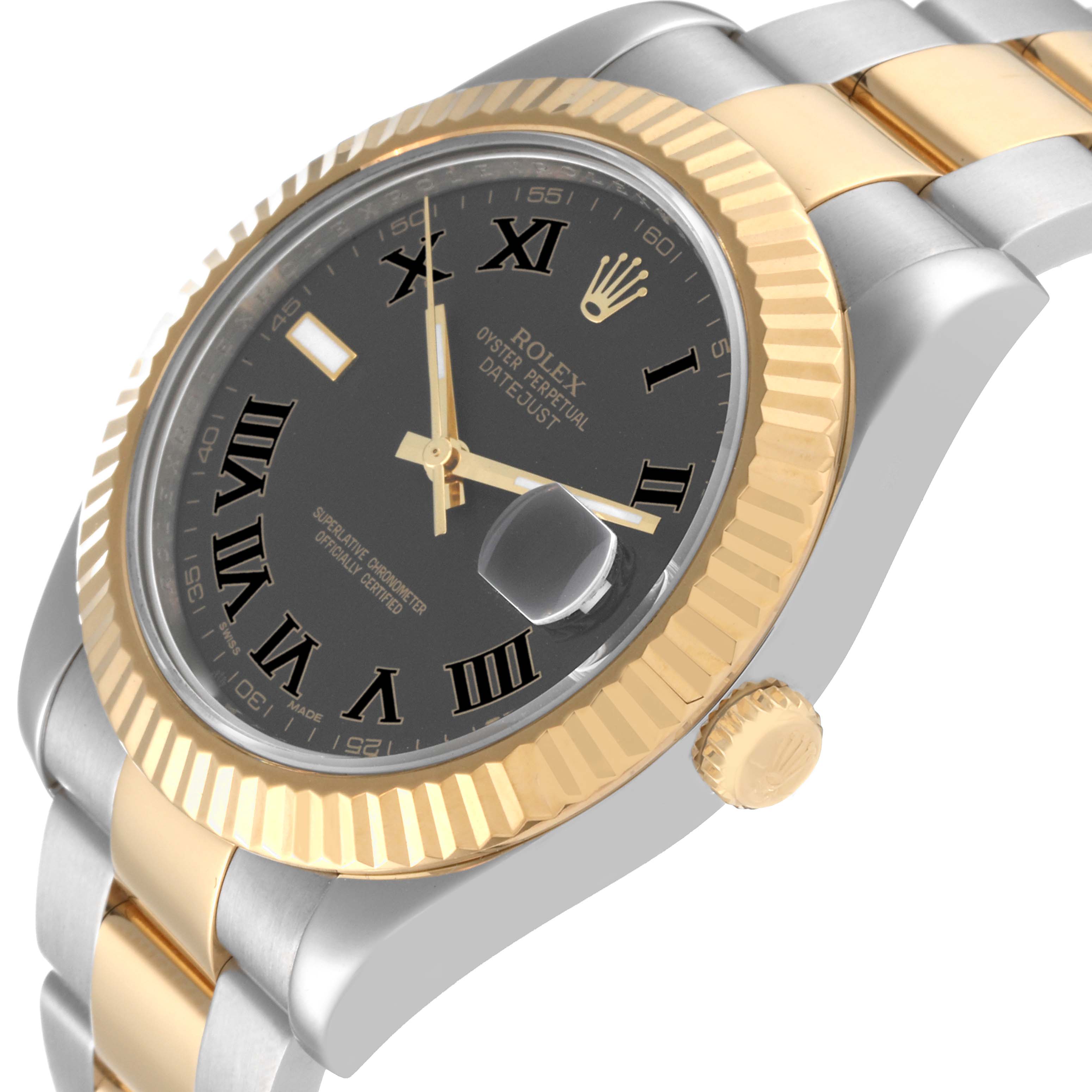 This image shows the face and side profile of a Rolex Datejust 41 116333 Men's Steel and Gold (two tone) Black Dial 116333 Men's Steel and Gold (two tone) Black Dial, highlighting its gold bezel, crown, and two-tone bracelet.