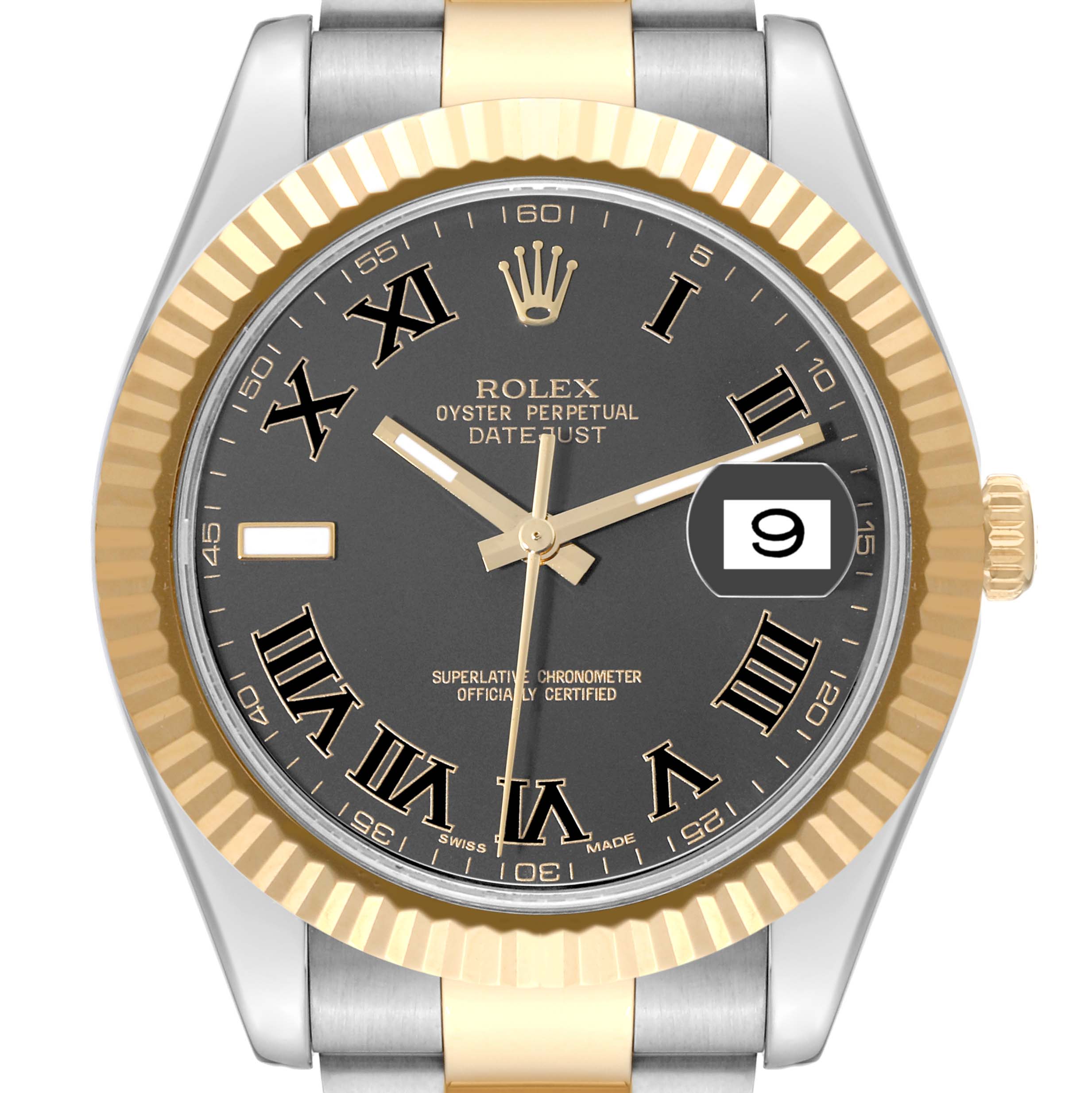 This image shows a Rolex Datejust 41 116333 Men's Steel and Gold (two tone) Black Dial 116333 Men's Steel and Gold (two tone) Black Dial model watch face at a straight-on angle, highlighting its dial, bezel, hands, and date display.