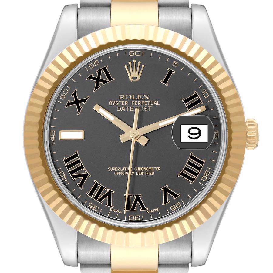 This image shows a Rolex Datejust 41 model watch face at a straight-on angle, highlighting its dial, bezel, hands, and date display.