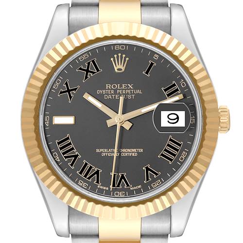 The image shows a front view of the Rolex Datejust 41 watch, highlighting its gold fluted bezel and black dial with Roman numeral markers.