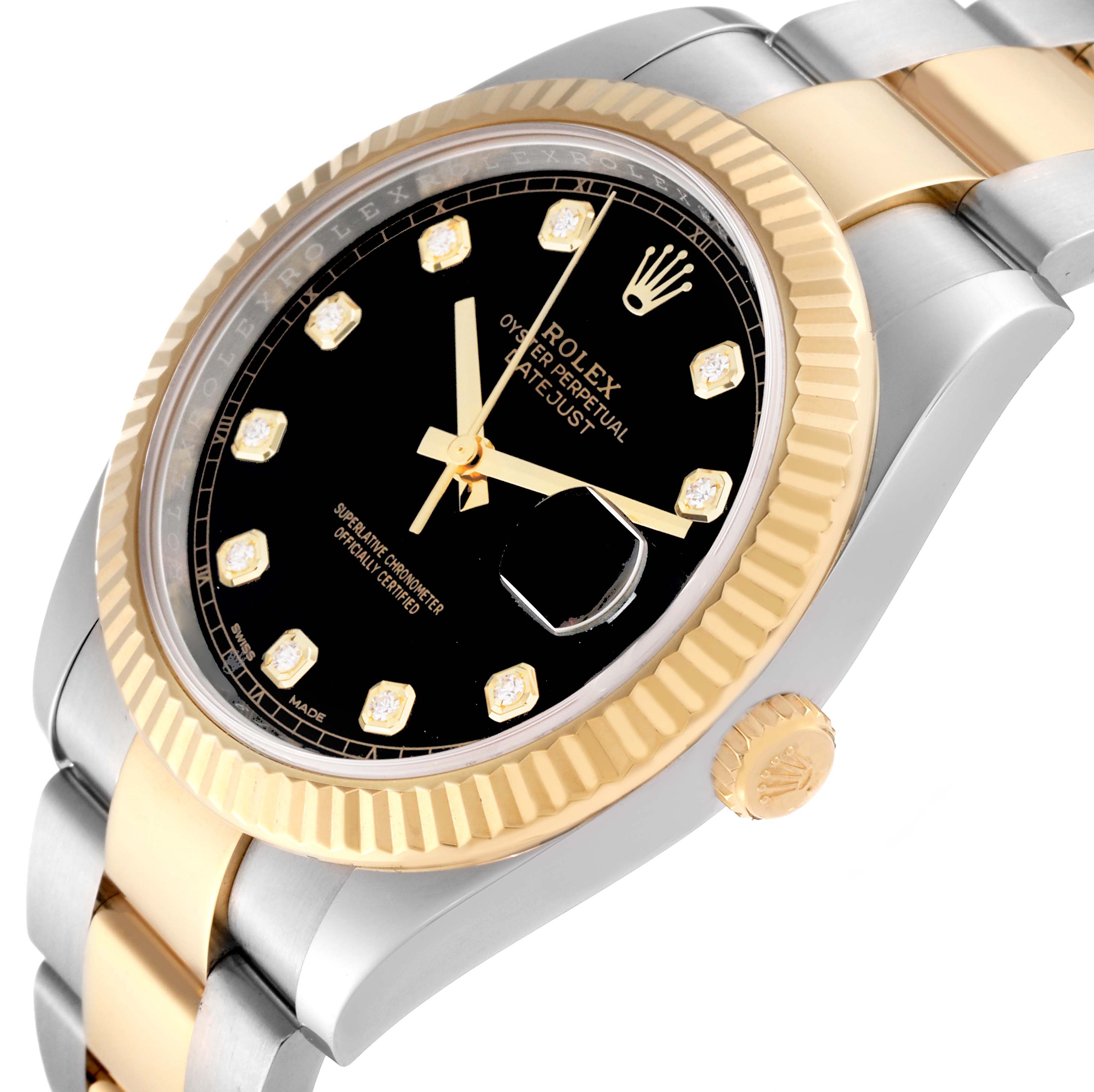 This Rolex Datejust 41 126333 Men's Steel and Gold (two tone) Black Dial 126333 Men's Steel and Gold (two tone) Black Dial watch is shown at an angle featuring the dial, bezel, crown, and part of the bracelet.