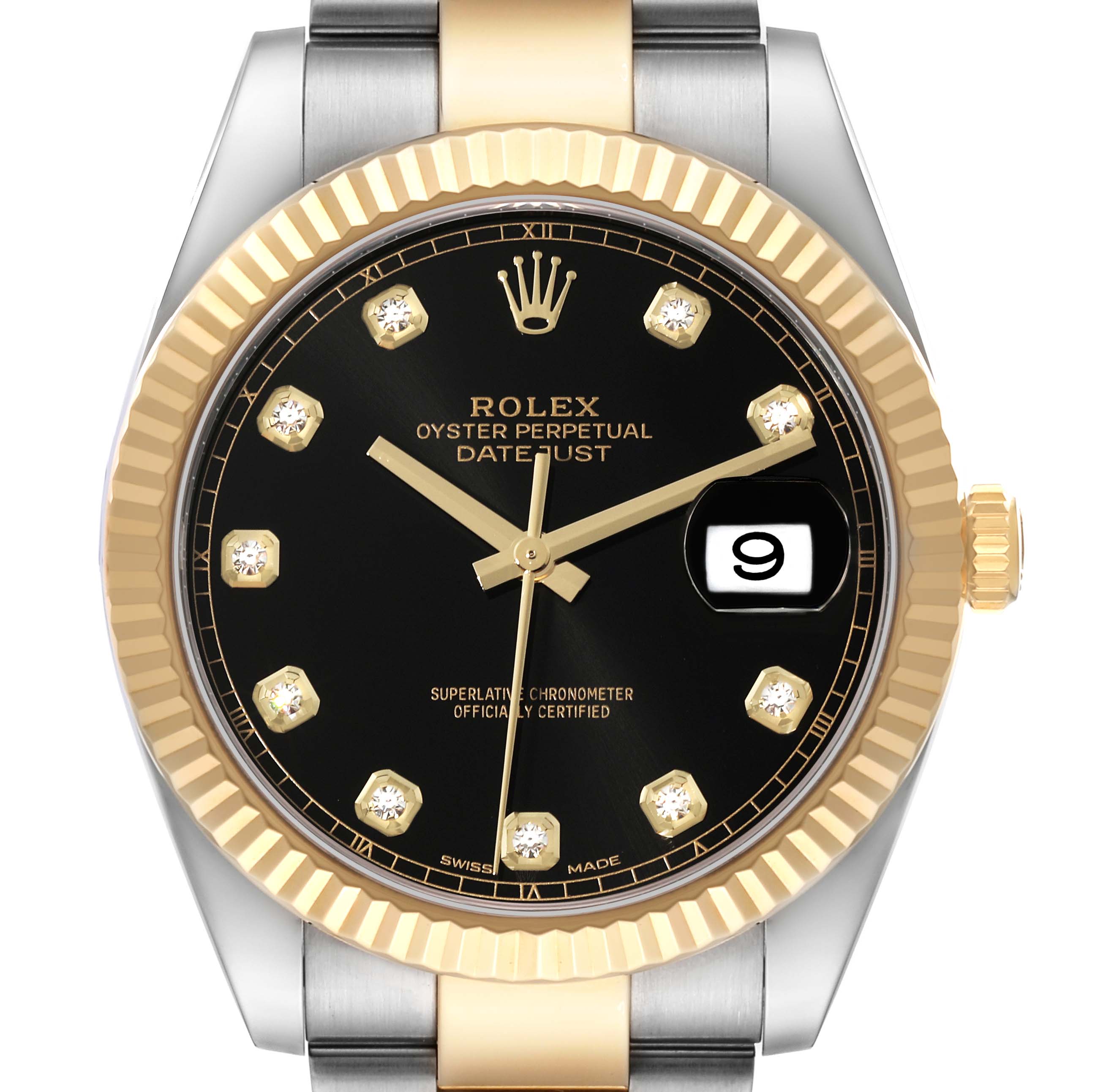 The image shows a front view of a Rolex Datejust 41 126333 Men's Steel and Gold (two tone) Black Dial 126333 Men's Steel and Gold (two tone) Black Dial watch, highlighting its gold bezel, black dial, and date window at 3 o'clock.