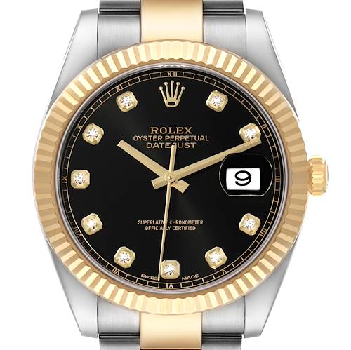 This image shows a front view of a Rolex Datejust 41 watch, highlighting its black dial, gold fluted bezel, and date display.