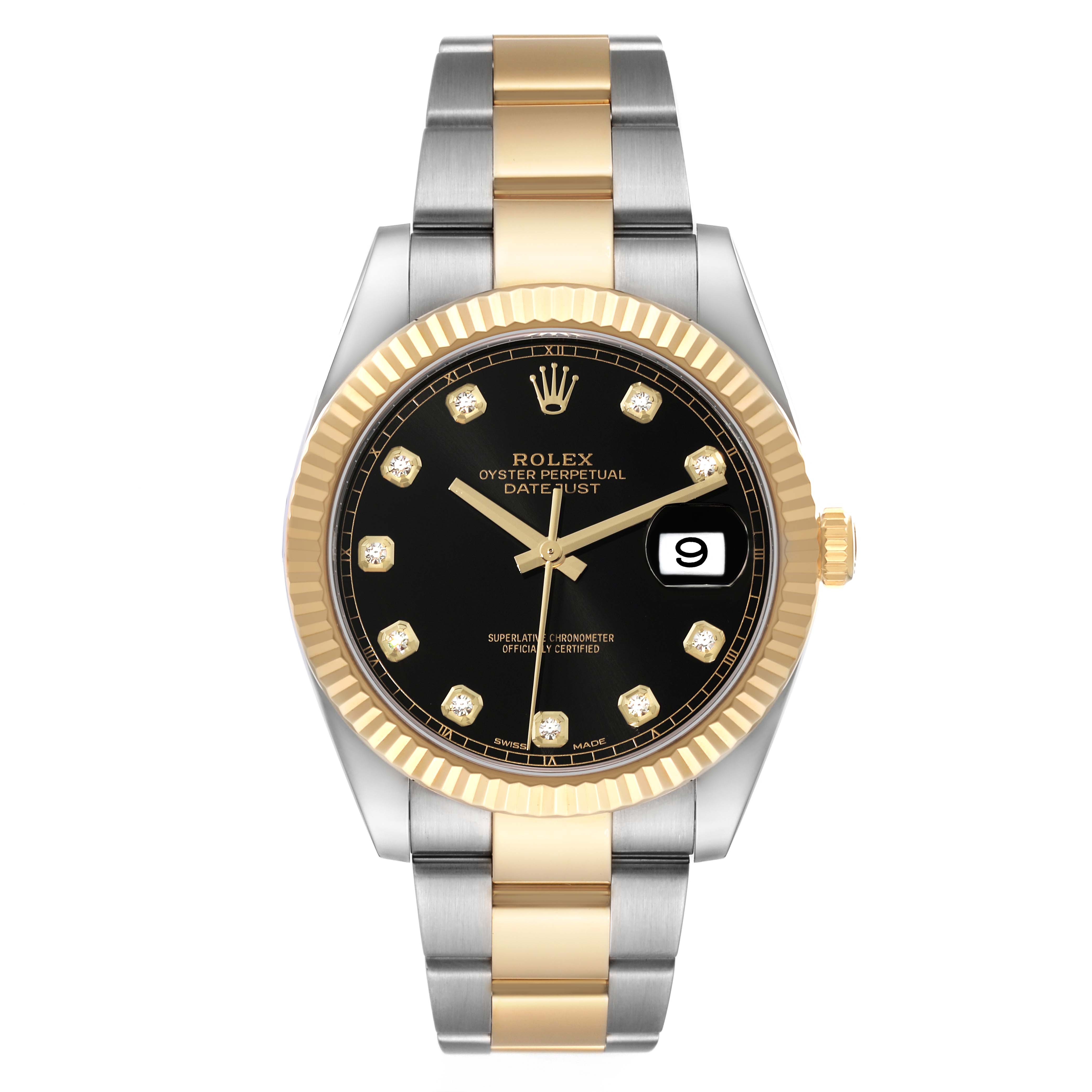 The image shows a front view of a Rolex Datejust 41 126333 Men's Steel and Gold (two tone) Black Dial 126333 Men's Steel and Gold (two tone) Black Dial watch, displaying its gold and silver bracelet, black dial, and date window at 3 o'clock.