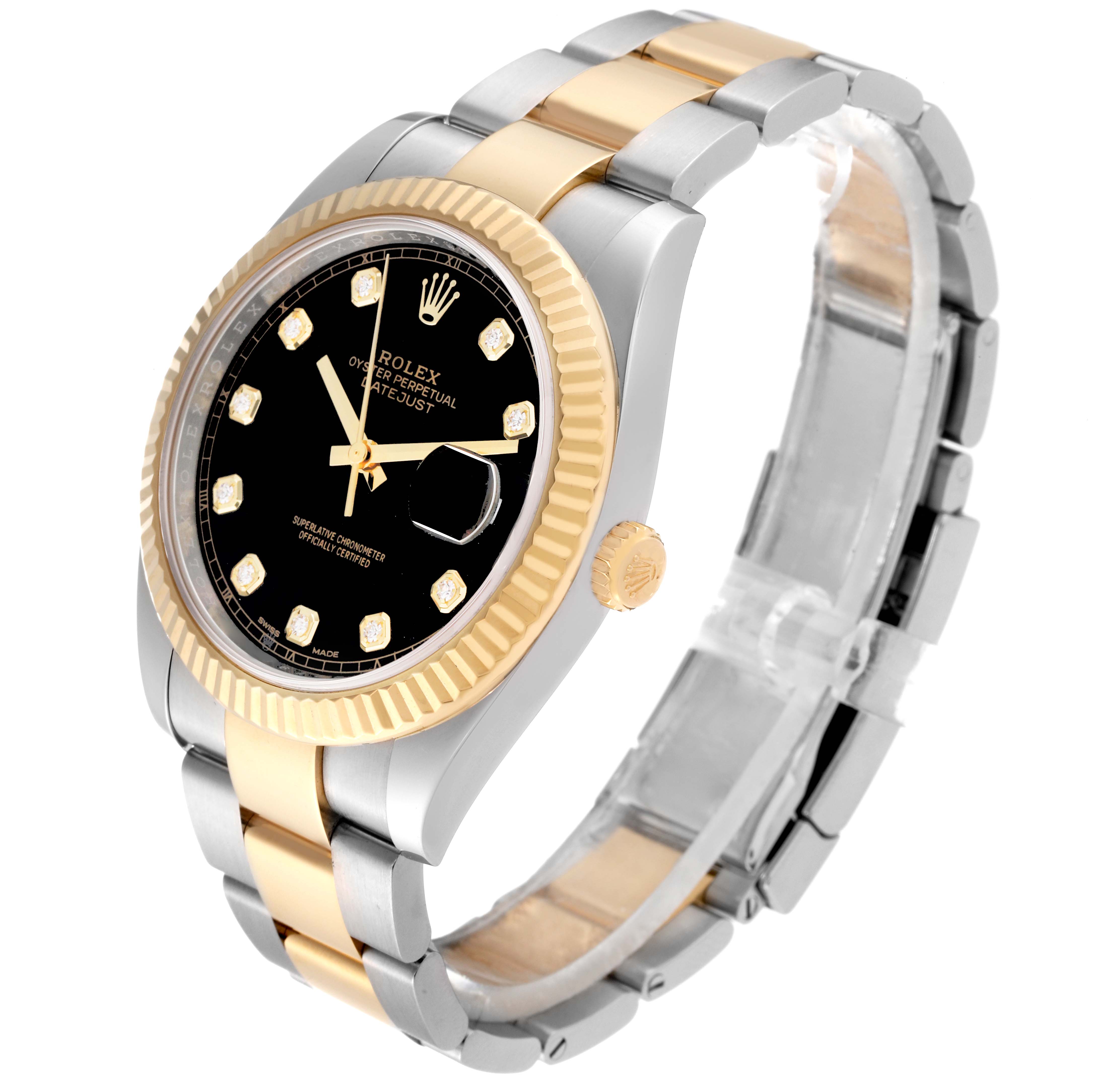The image shows a Datejust 41 by Rolex at a side angle, highlighting its black dial, two-tone bracelet, and fluted bezel.