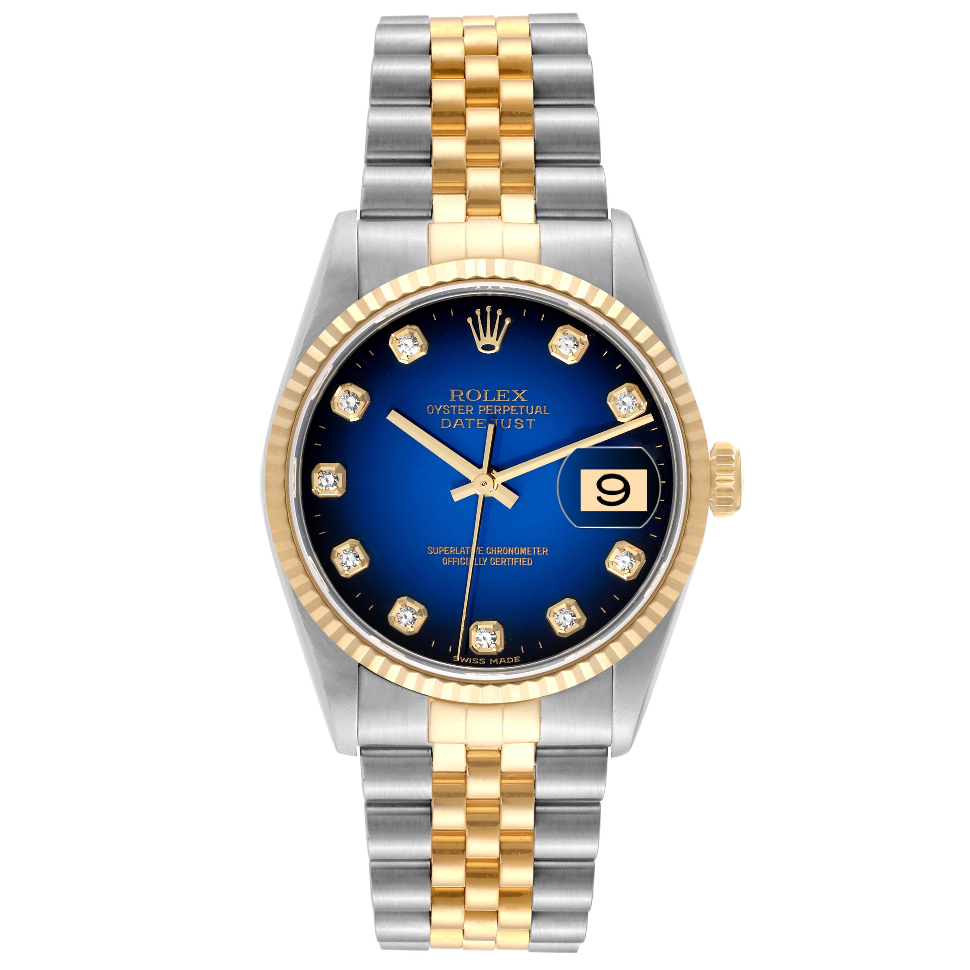 This image shows a front view of a Rolex Datejust 16233 Men's Steel and Gold (two tone) Blue Dial 16233 Men's Steel and Gold (two tone) Blue Dial watch, displaying its blue dial, date window, and two-tone bracelet.