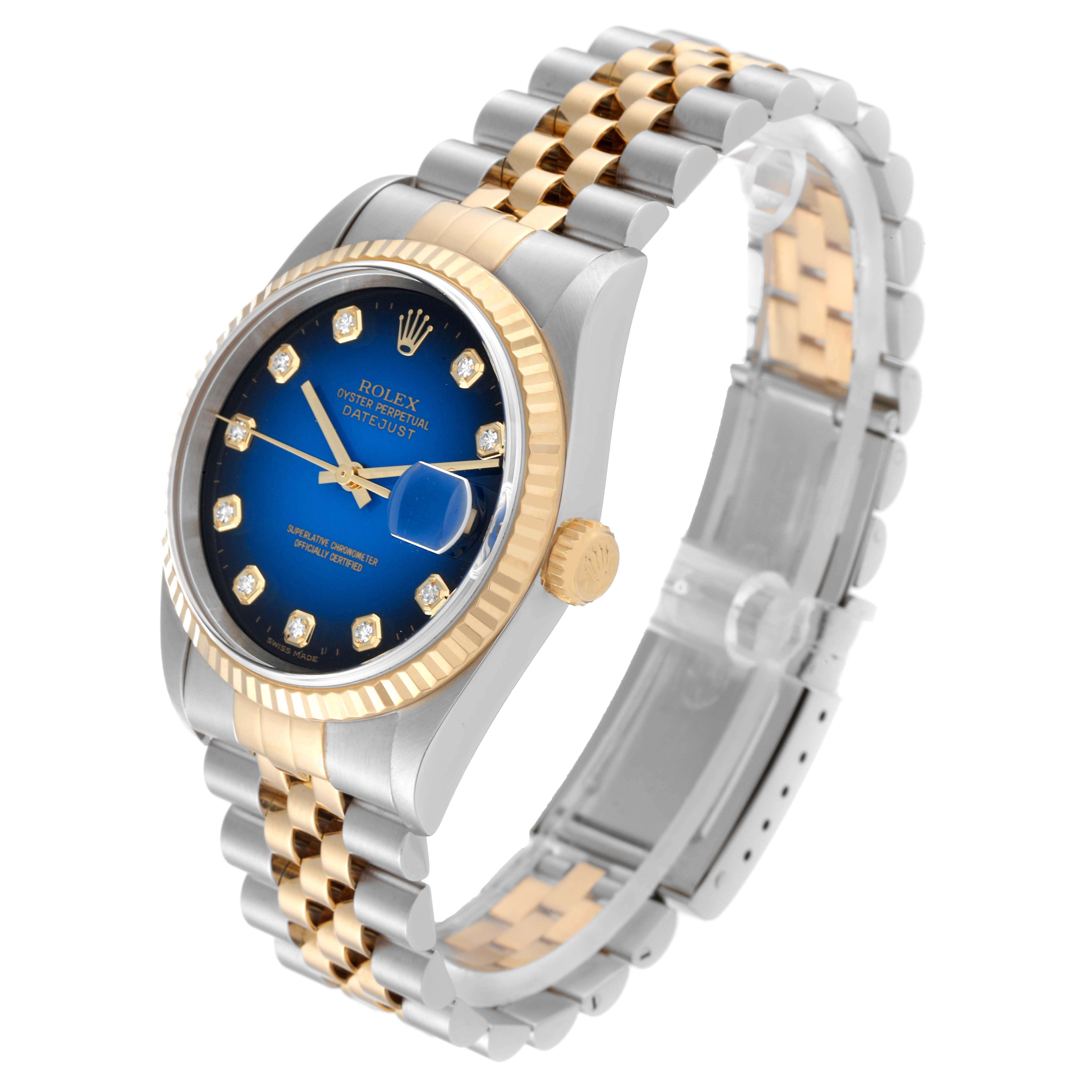 The Rolex Datejust 16233 Men's Steel and Gold (two tone) Blue Dial 16233 Men's Steel and Gold (two tone) Blue Dial watch is shown at a 3/4 angle, highlighting the blue dial, jubilee bracelet, and gold bezel.