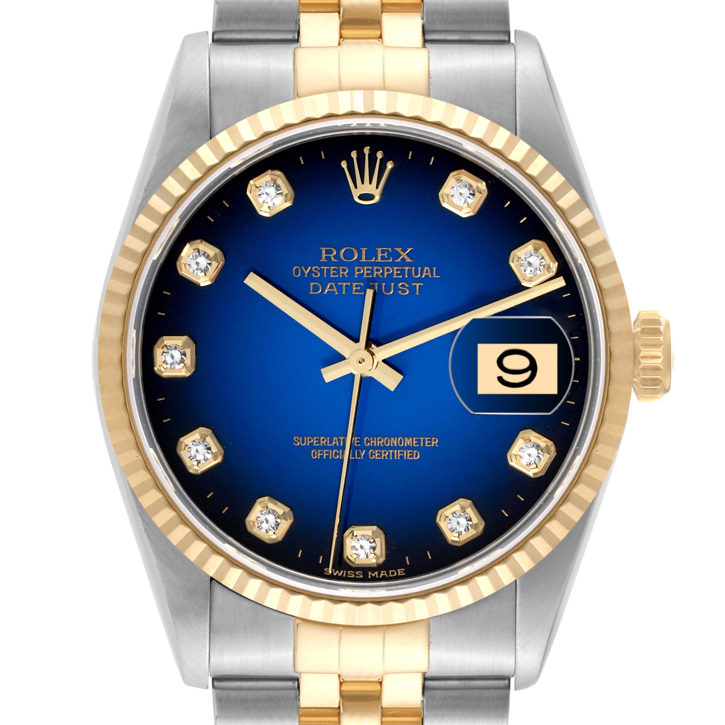 The image shows a Rolex Datejust 16233 Men's Steel and Gold (two tone) Blue Dial 16233 Men's Steel and Gold (two tone) Blue Dial watch with a blue dial, gold markers, date window, and two-tone metal bracelet.