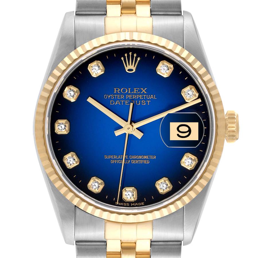 Rolex Datejust Blue Vignette Diamond Dial Steel Yellow Gold Mens Watch 16233 SwissWatchExpo