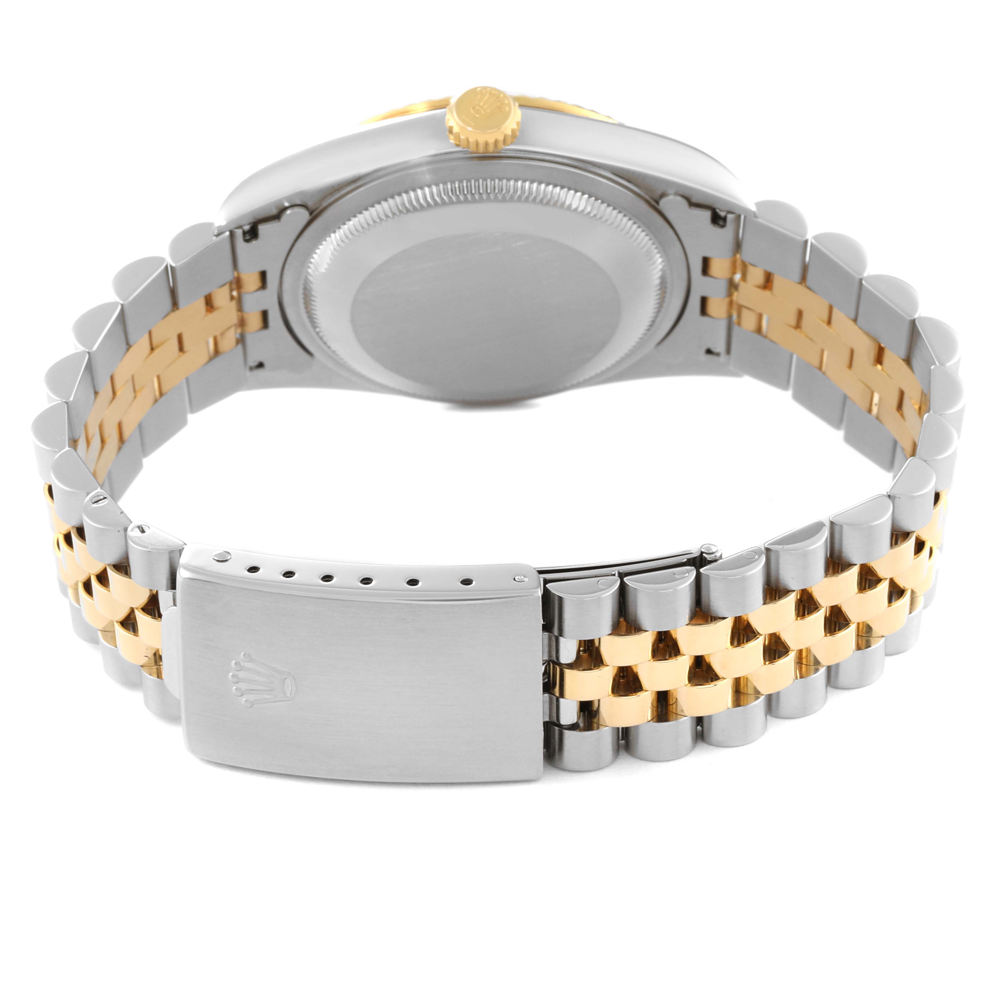 The image shows the back view of a Rolex Datejust 16233 Men's Steel and Gold (two tone) Blue Dial 16233 Men's Steel and Gold (two tone) Blue Dial watch, highlighting the case, crown, and two-tone metallic bracelet.