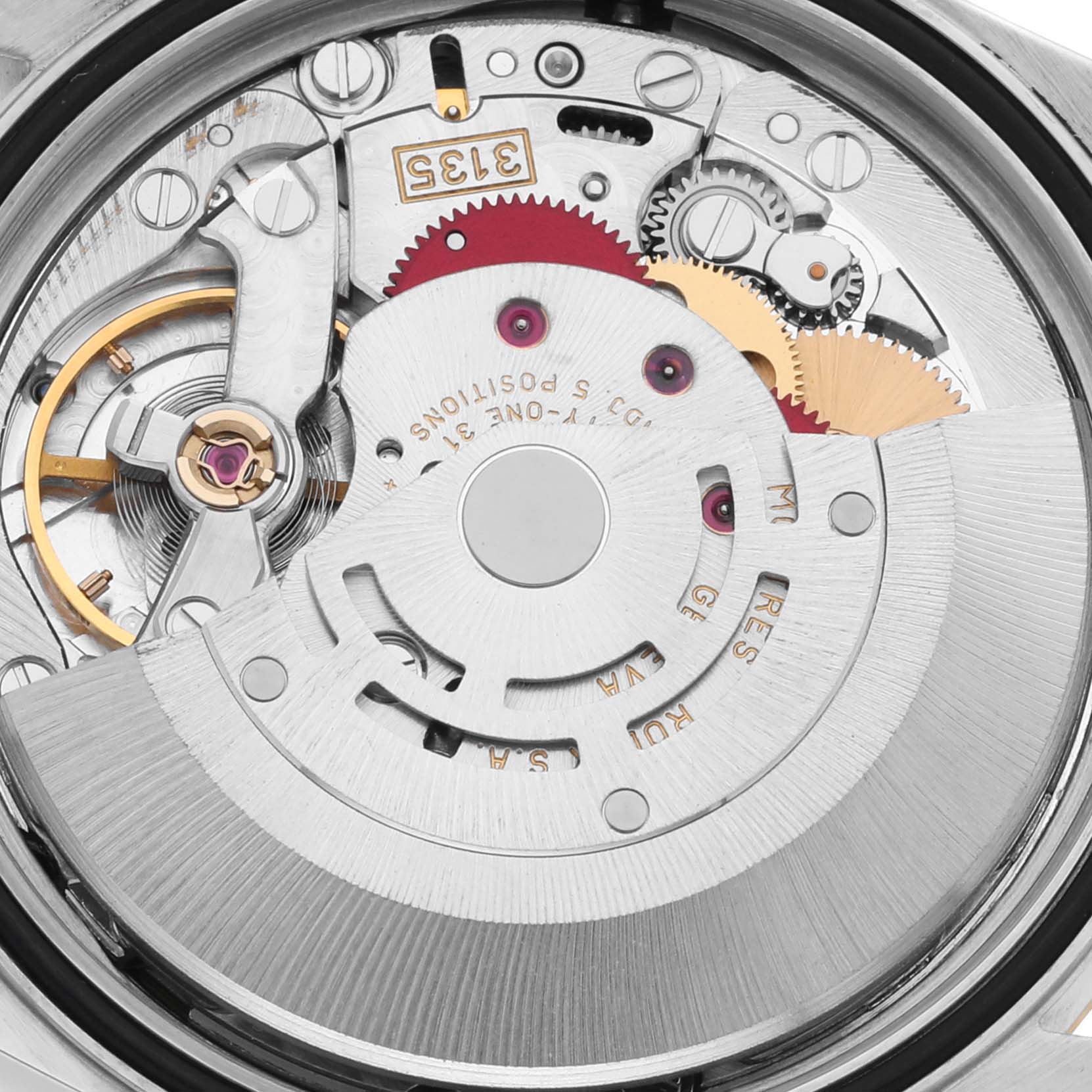 This image shows a close-up of the movement and internal mechanics of a Rolex Datejust 16233 Men's Steel and Gold (two tone) Blue Dial 16233 Men's Steel and Gold (two tone) Blue Dial watch.