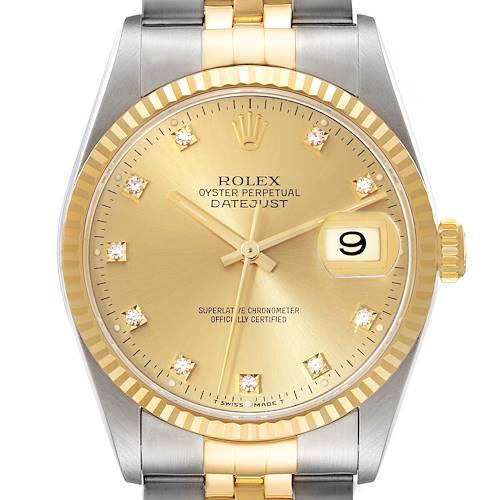 This image shows a frontal view of the Rolex Datejust watch, including the gold dial, fluted bezel, and part of the two-tone bracelet.