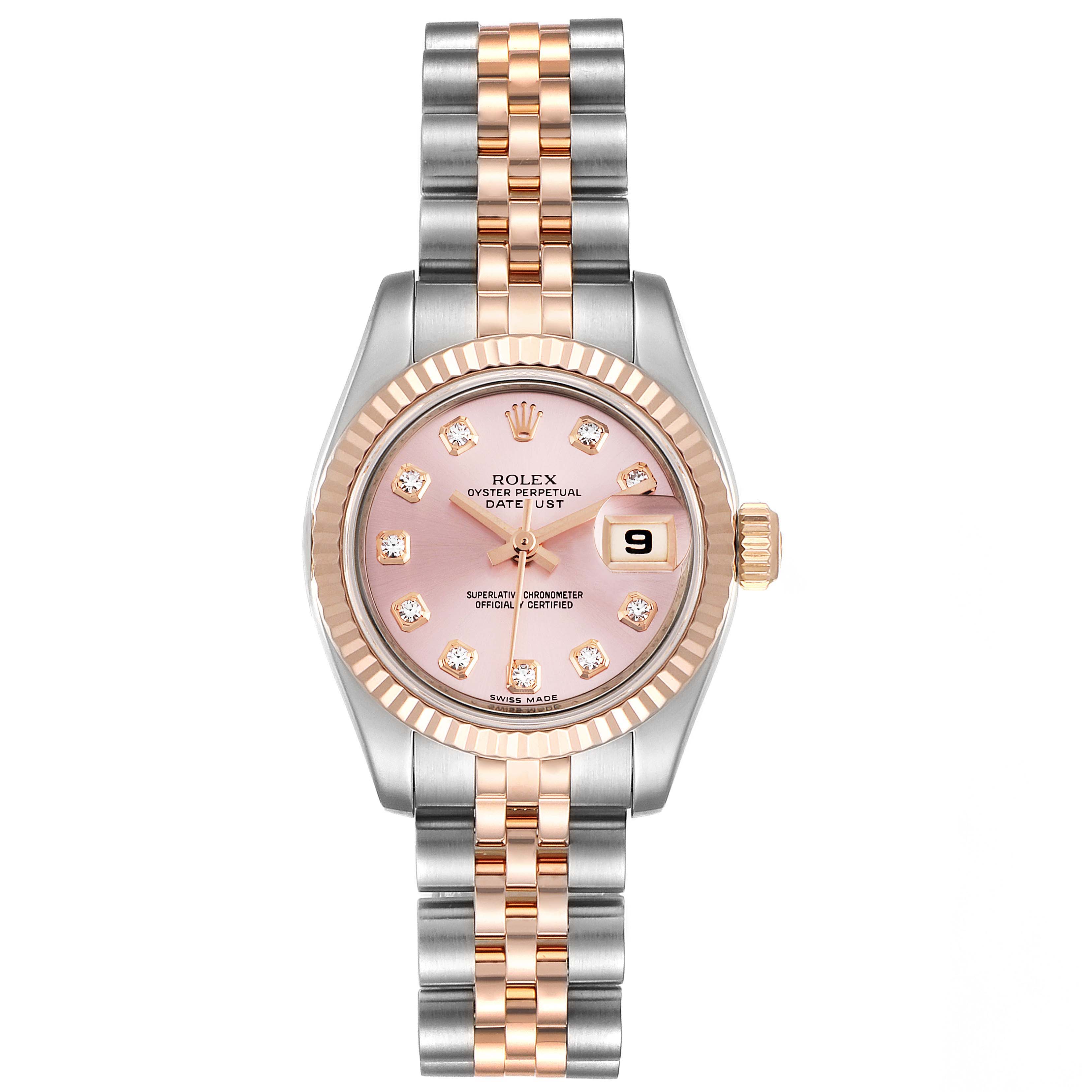 This image shows a Rolex Datejust 179171 Women's Steel and Gold (two tone) Pink Dial 179171 Women's Steel and Gold (two tone) Pink Dial watch from a front angle, displaying its pink dial, date window, and two-tone bracelet.