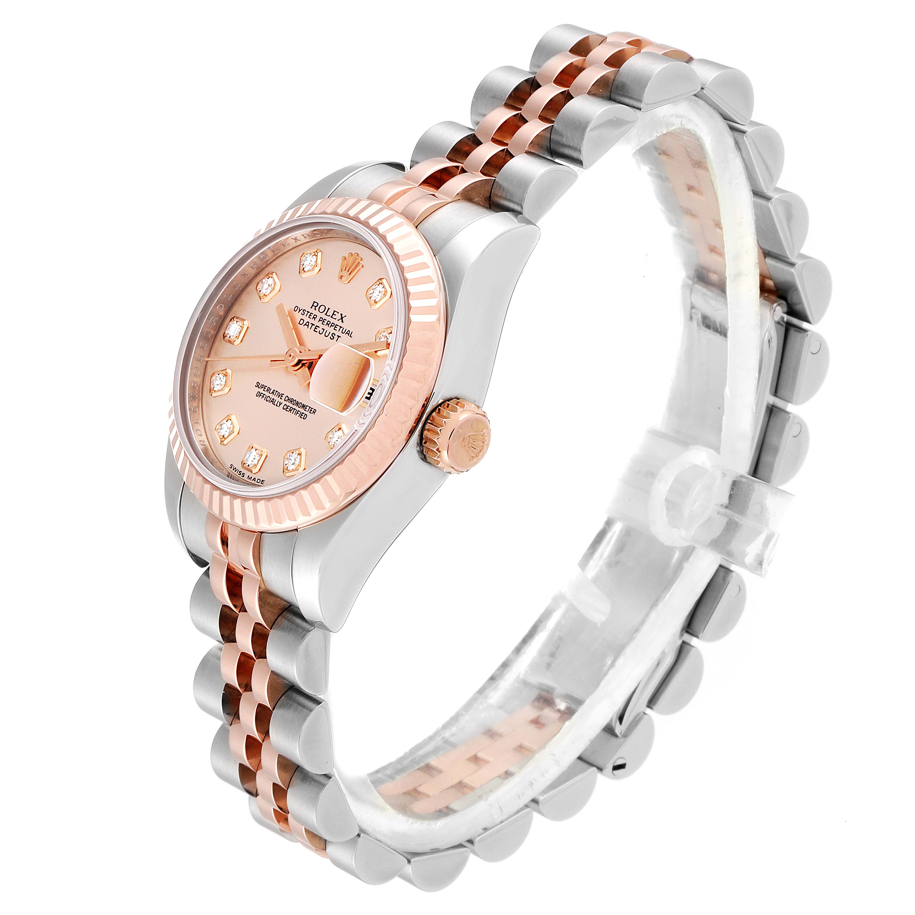 The Rolex Datejust 179171 Women's Steel and Gold (two tone) Pink Dial 179171 Women's Steel and Gold (two tone) Pink Dial watch is shown at a side angle, displaying its face, crown, and two-tone bracelet.