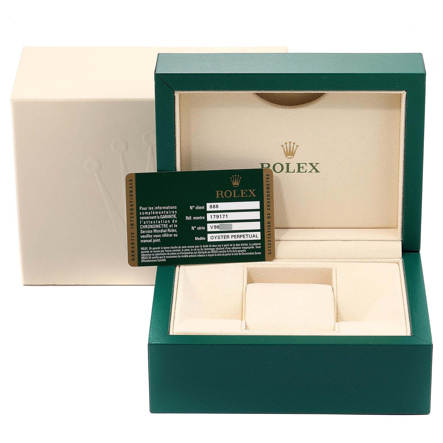 The image shows a Rolex Datejust 179171 Women's Steel and Gold (two tone) Pink Dial 179171 Women's Steel and Gold (two tone) Pink Dial watch box, warranty card, and outer packaging from a front angle.