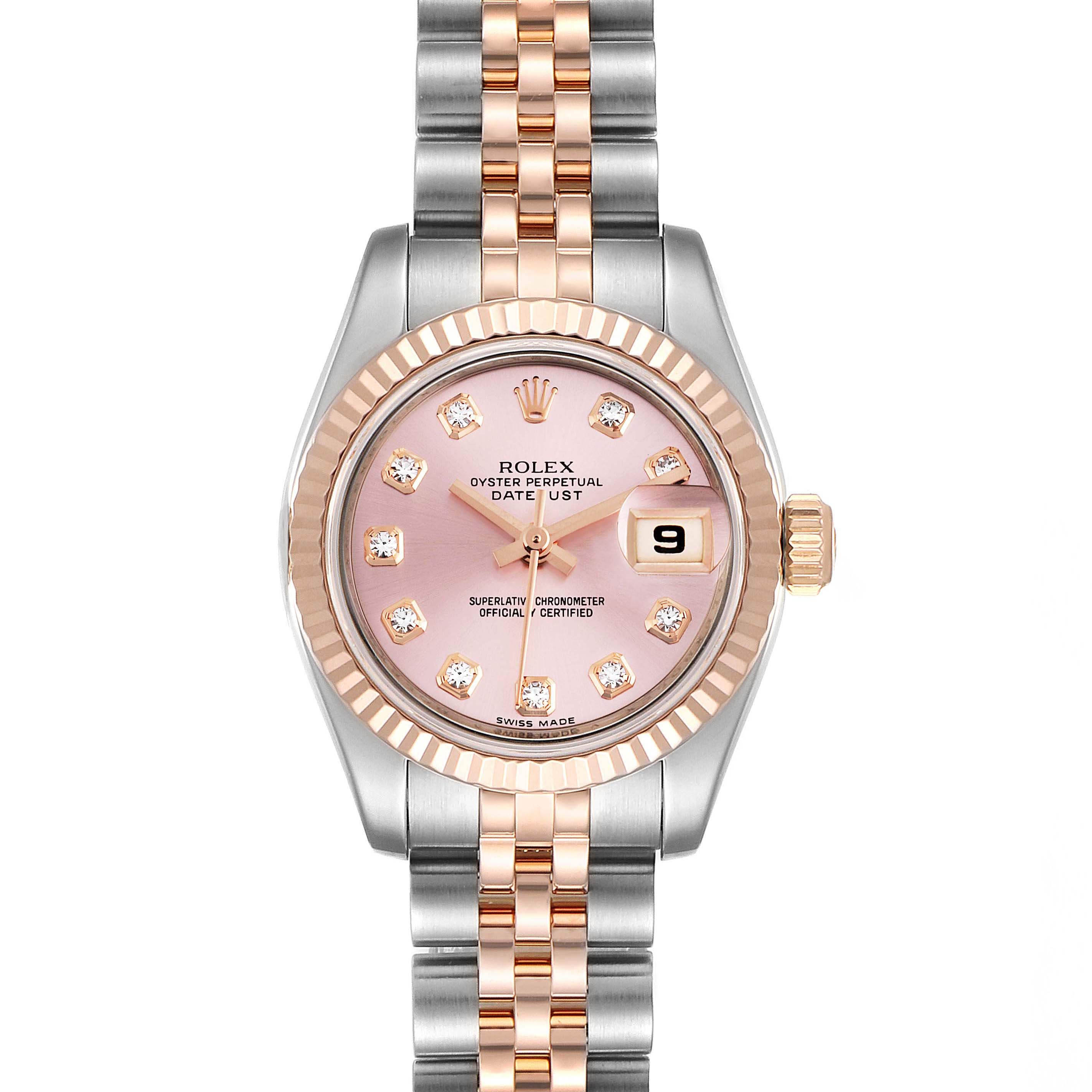 This is a Rolex Datejust 179171 Women's Steel and Gold (two tone) Pink Dial 179171 Women's Steel and Gold (two tone) Pink Dial watch shown from the front, displaying the face, bezel, crown, and part of the bracelet.