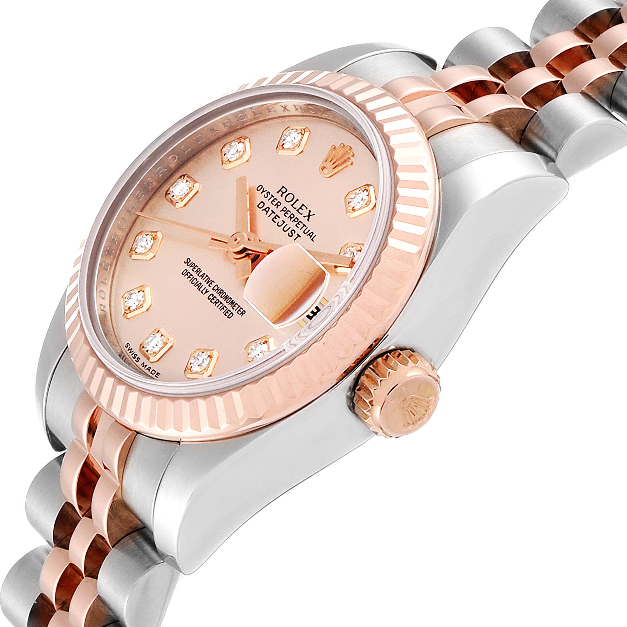 The image shows a close-up of the Rolex Datejust 179171 Women's Steel and Gold (two tone) Pink Dial 179171 Women's Steel and Gold (two tone) Pink Dial watch at a diagonal angle, highlighting the dial, crown, and part of the bracelet.