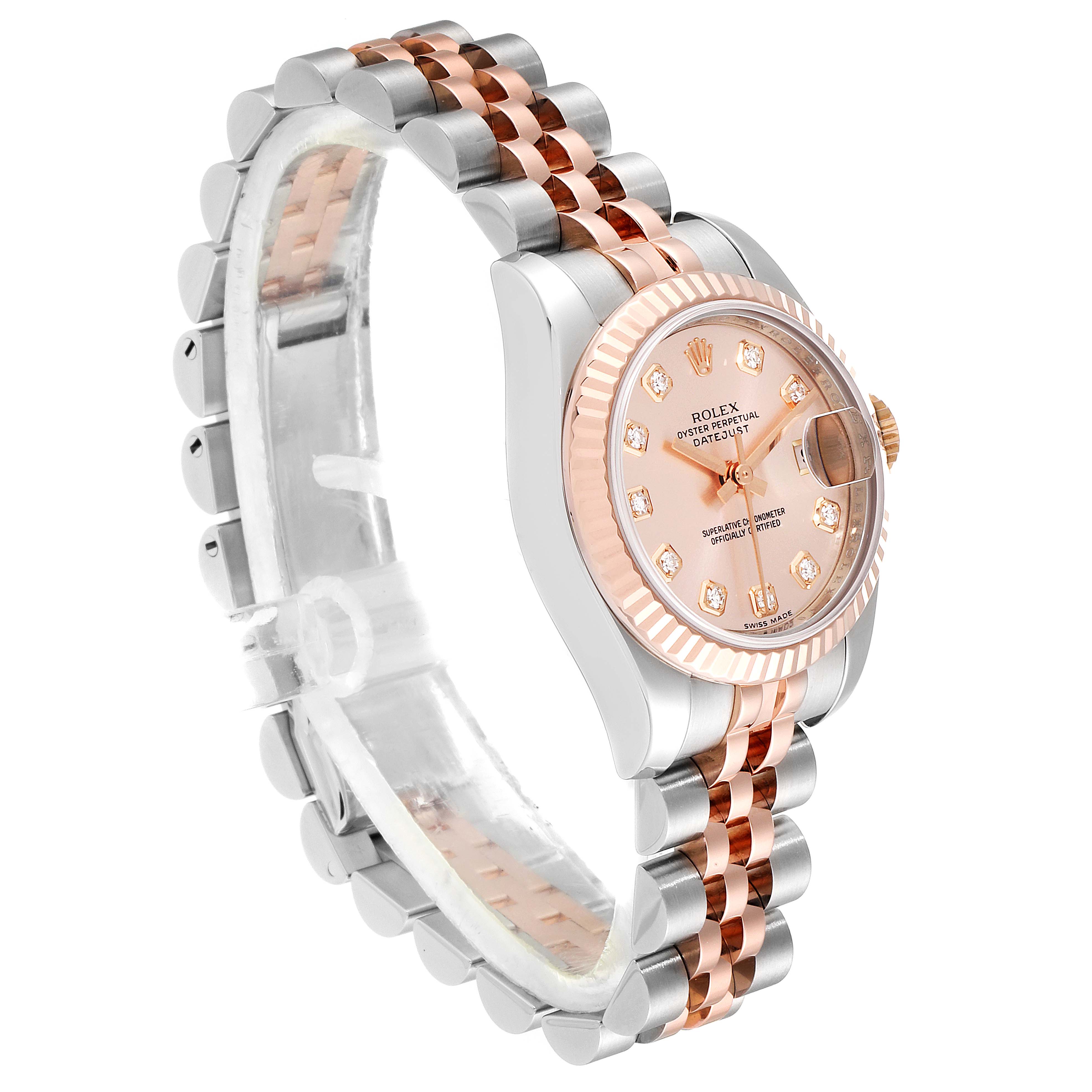 The image shows a Rolex Datejust 179171 Women's Steel and Gold (two tone) Pink Dial 179171 Women's Steel and Gold (two tone) Pink Dial watch at a 3/4 angle, highlighting the dial, bezel, and two-tone bracelet.