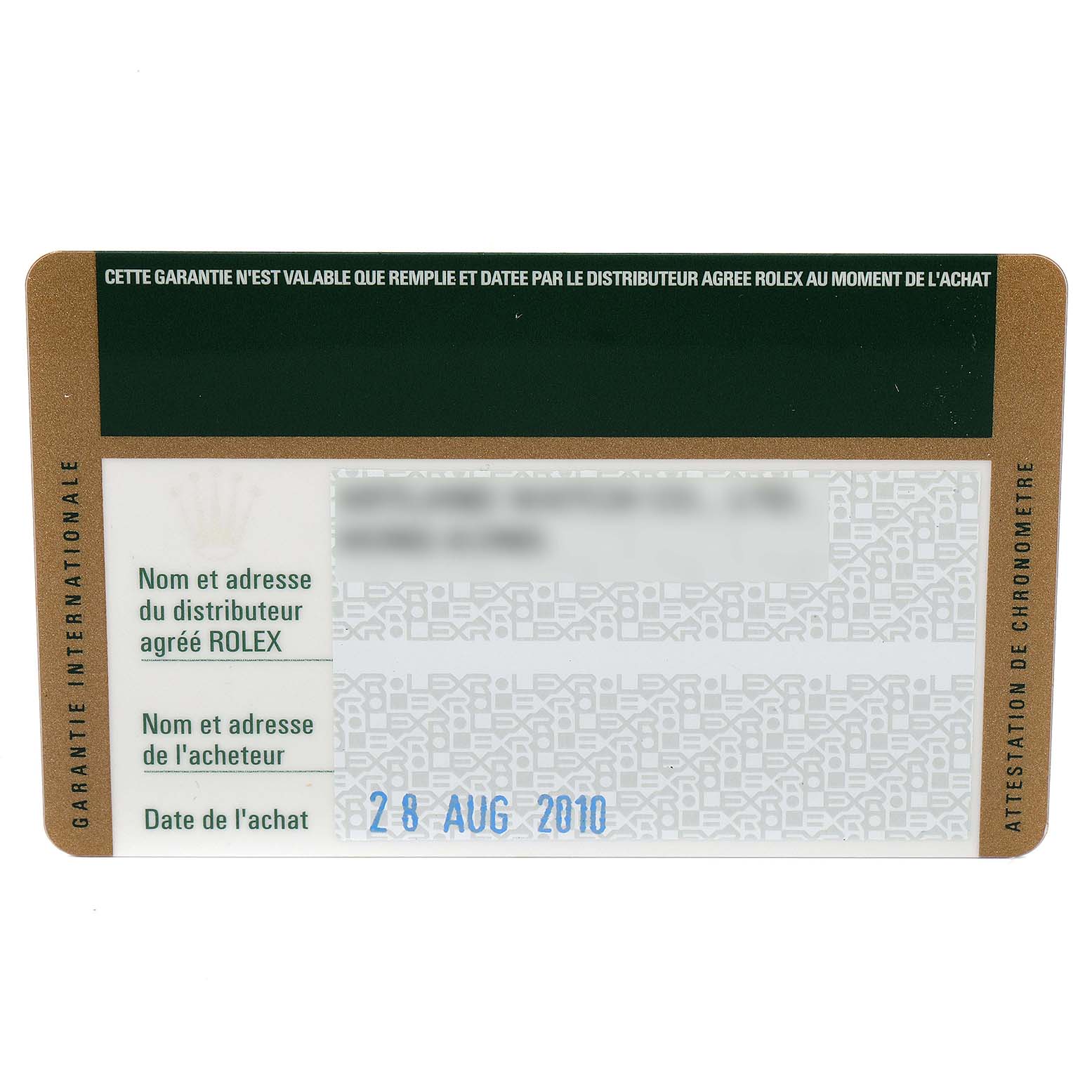 This image shows the warranty card for a Rolex Datejust 179171 Women's Steel and Gold (two tone) Pink Dial 179171 Women's Steel and Gold (two tone) Pink Dial watch, including the purchase date and distributor information.