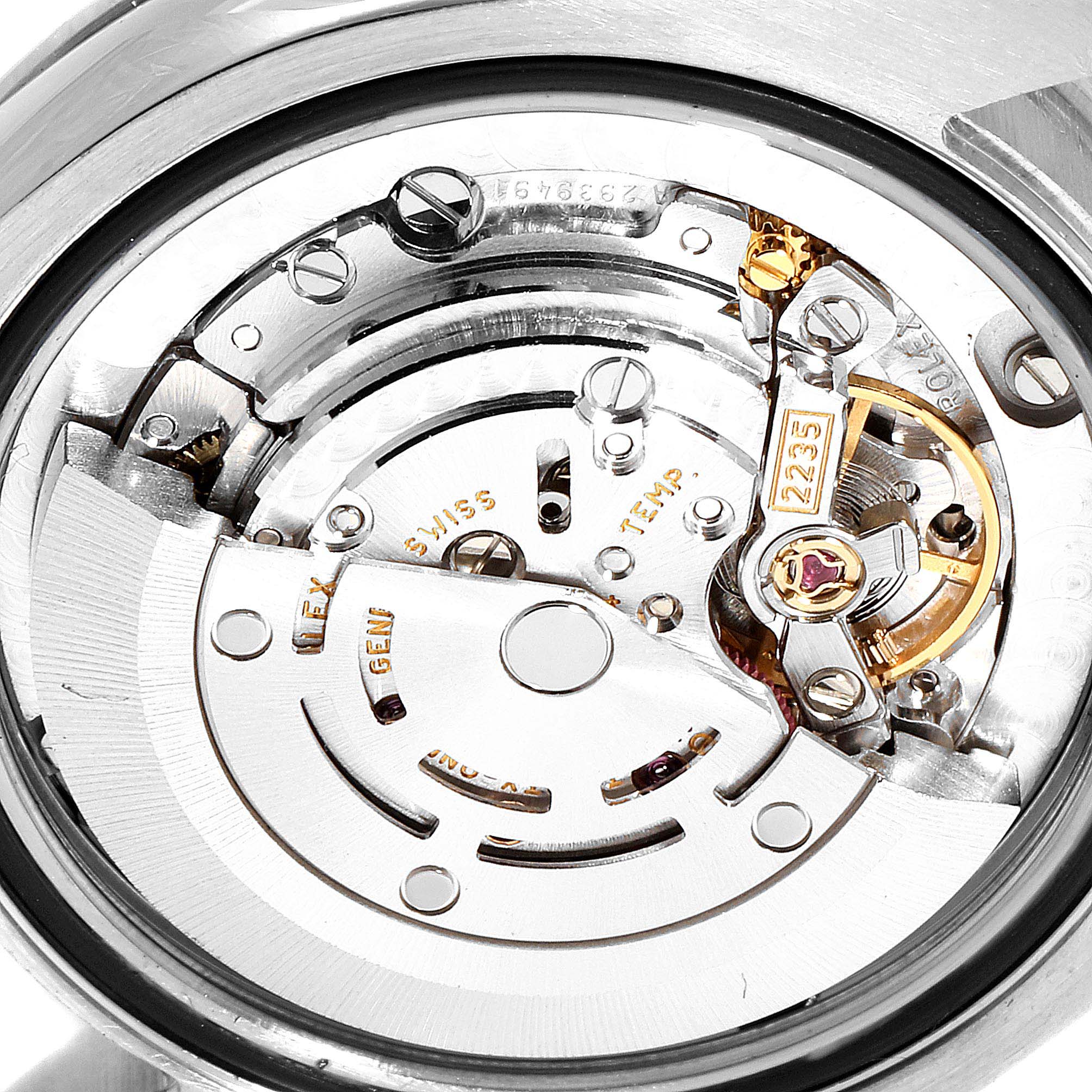 The image shows the inner mechanical movement of a Rolex Mid-Size 178344 Women
s Stainless Steel Silver Dial 178344 Women
s Stainless Steel Silver Dial watch viewed from the back.