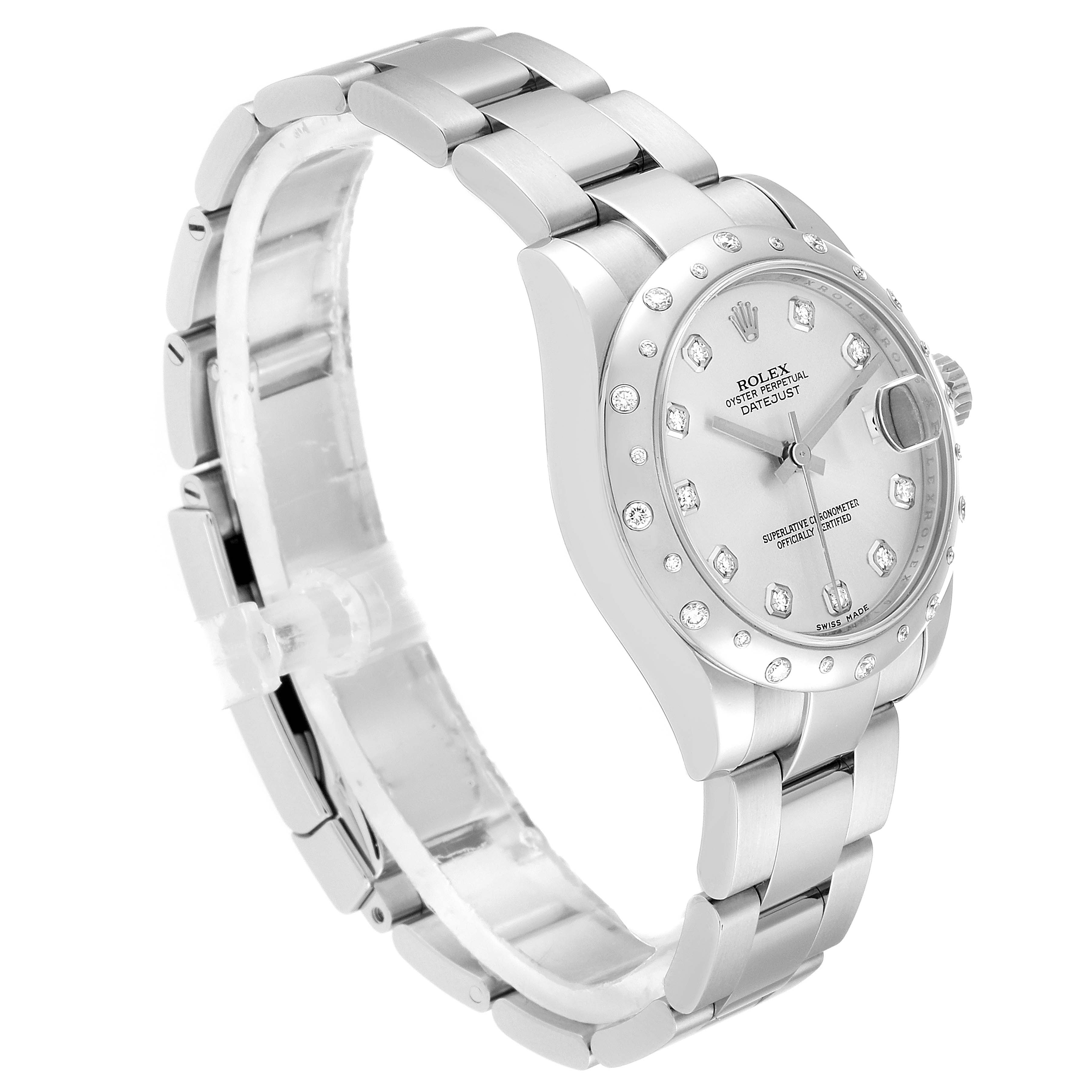 The image shows a side angle of a Rolex Mid-Size 178344 Women
s Stainless Steel Silver Dial 178344 Women
s Stainless Steel Silver Dial Datejust watch highlighting the dial, bezel, crown, and stainless steel bracelet.