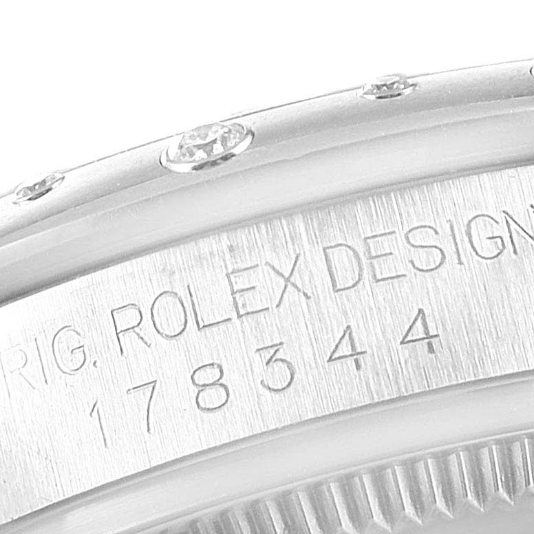 This image shows a close-up angle of the bezel and engraved case side of a Mid-Size Rolex watch model 178344.