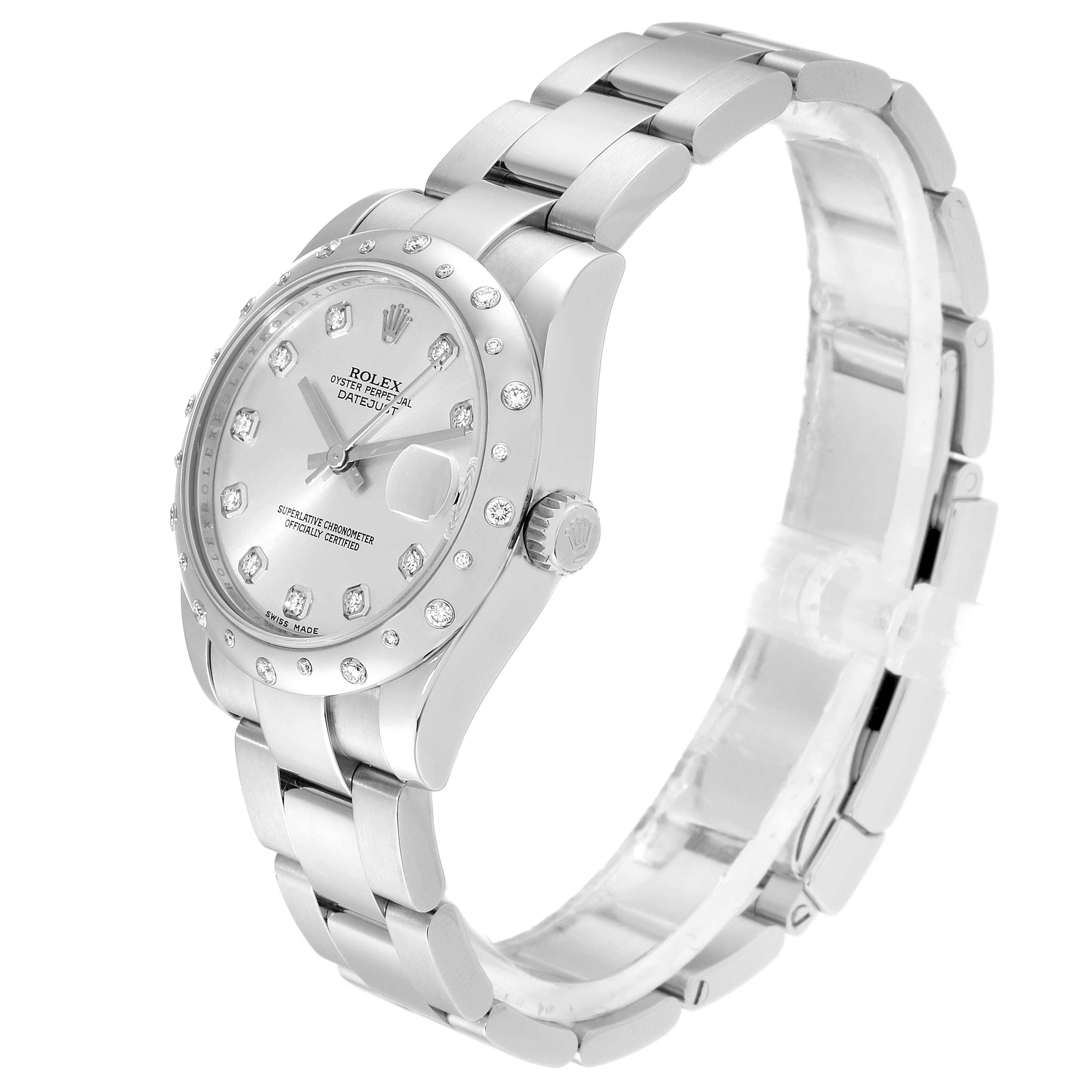 The Rolex Mid-Size 178344 Women
s Stainless Steel Silver Dial 178344 Women
s Stainless Steel Silver Dial watch is shown at a 3/4 angle, displaying its face, bezel, bracelet, and crown.