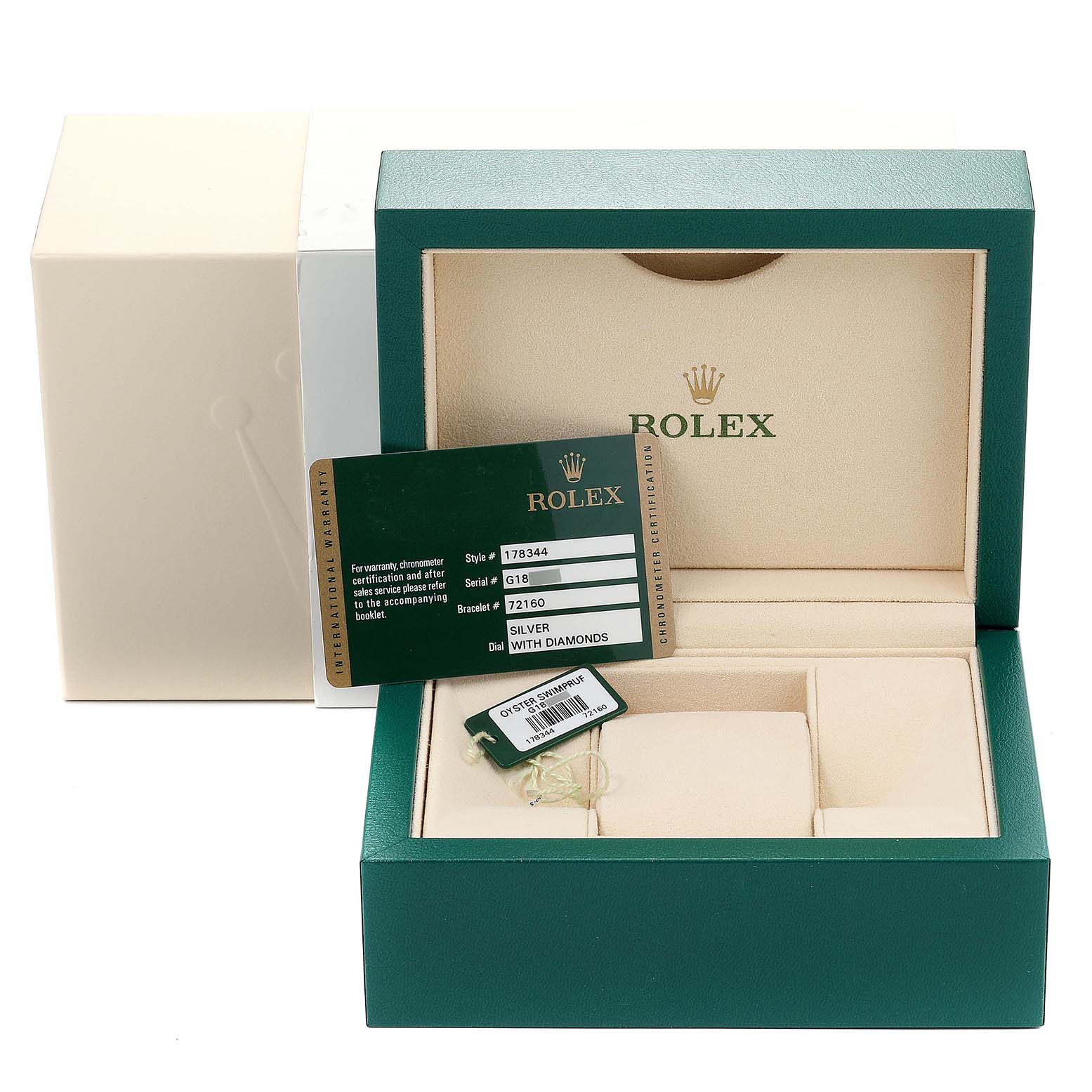 The image shows the box, presentation case, and accessories for a Mid-Size Rolex watch.