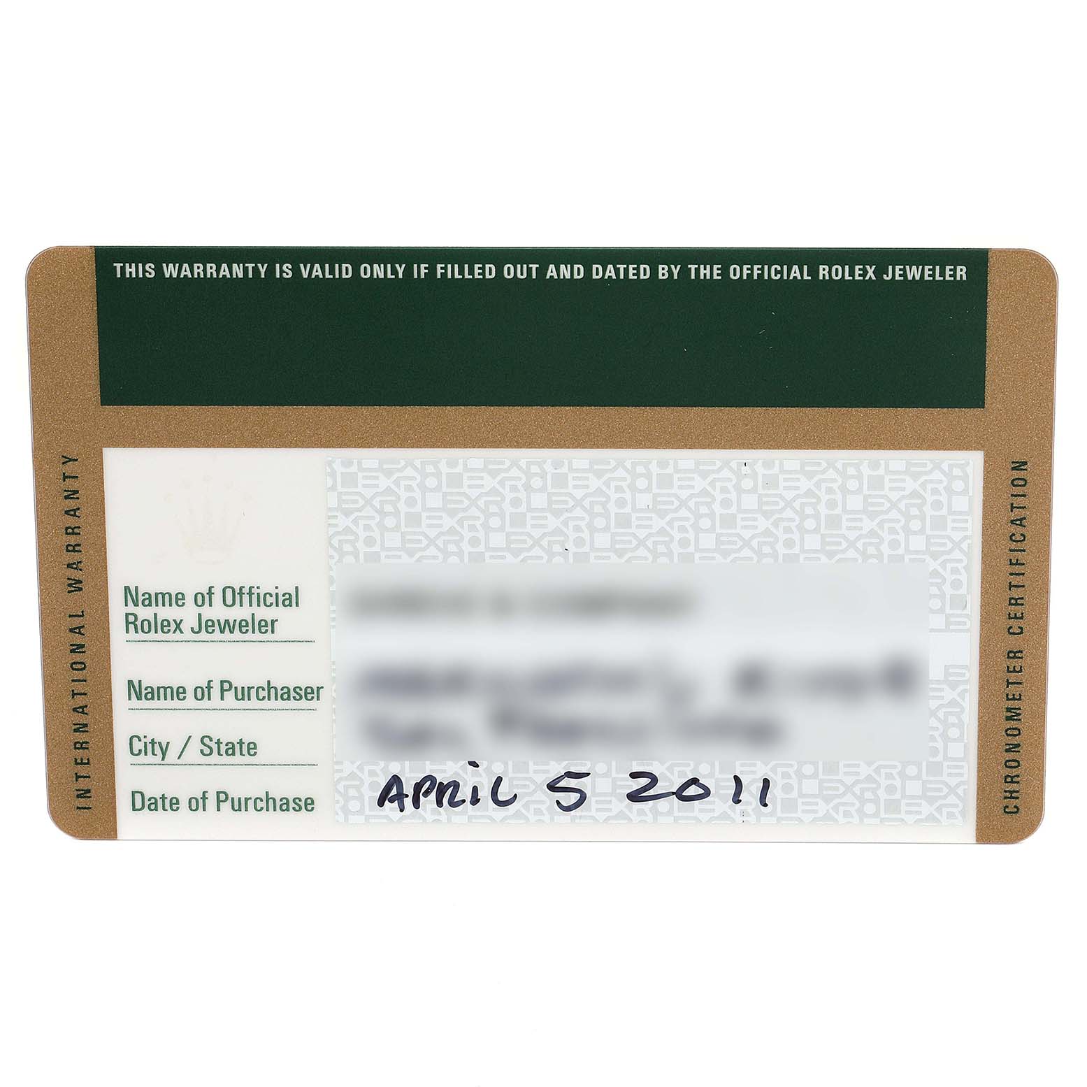 The image shows a Rolex international warranty card for a Mid-Size model, displaying information fields and certification details.