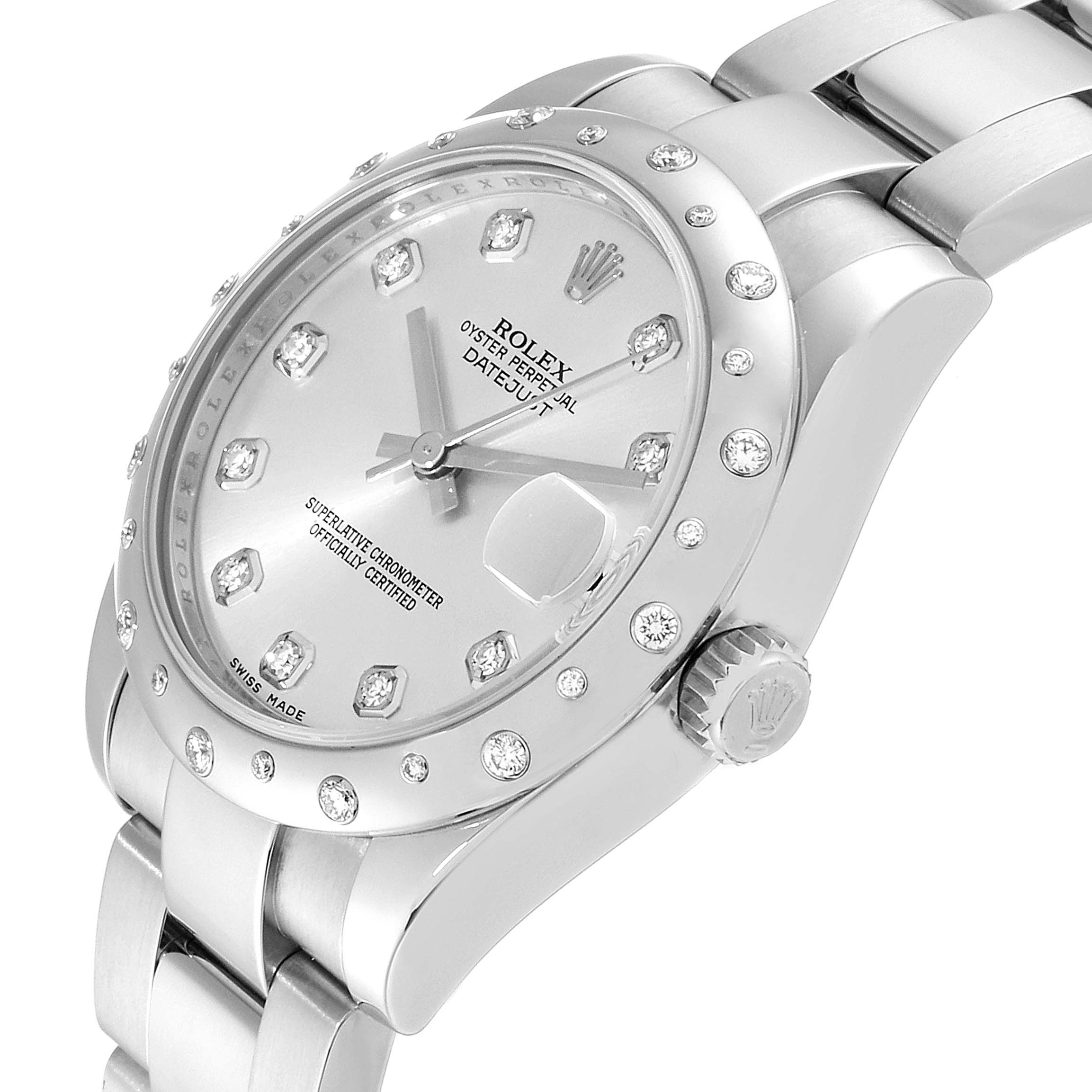 The image shows a Rolex Mid-Size 178344 Women
s Stainless Steel Silver Dial 178344 Women
s Stainless Steel Silver Dial Datejust watch at an oblique angle, highlighting the case, dial, crown, bezel, and bracelet.