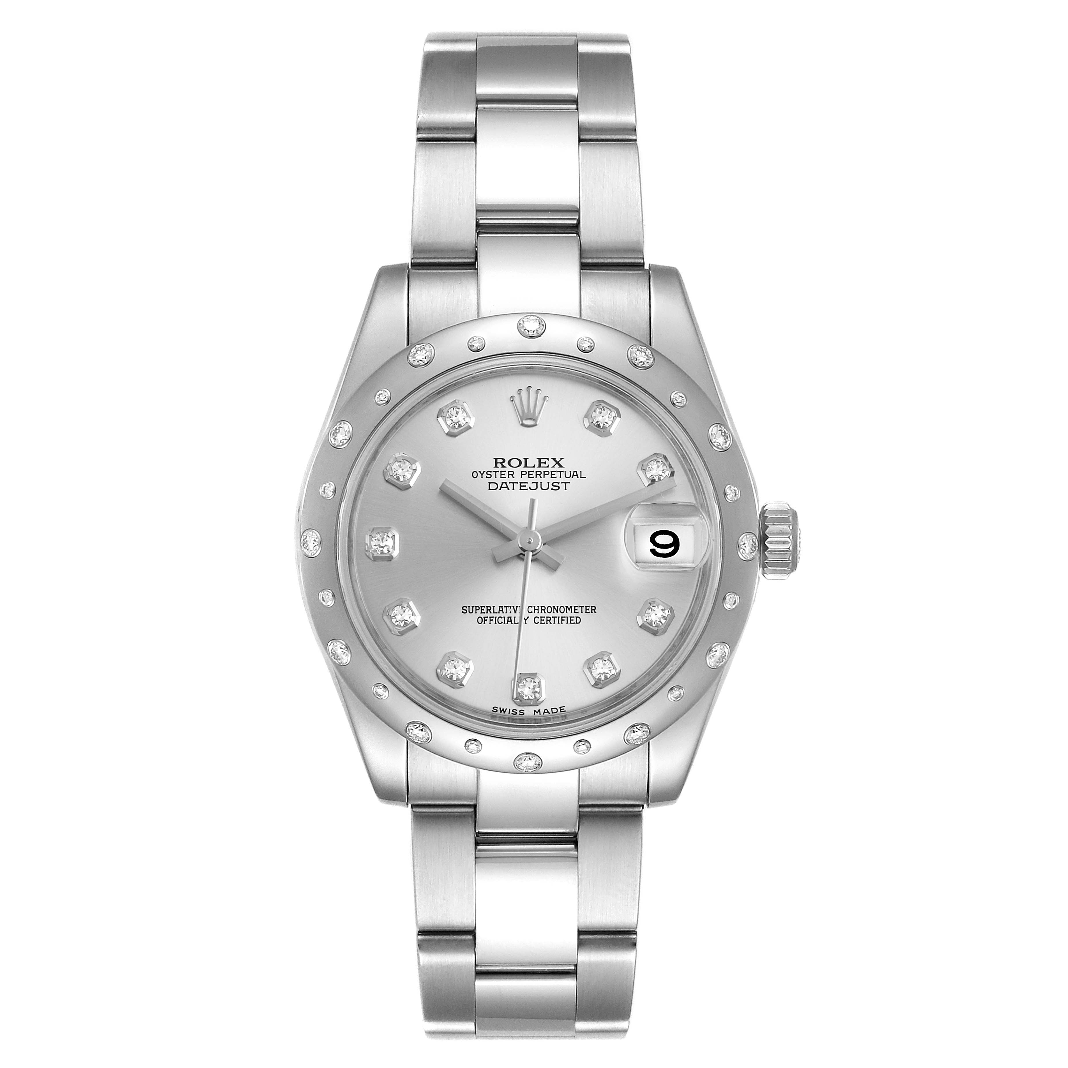 This is a front view of a Rolex Oyster Perpetual Datejust Mid-Size watch displaying the face, bracelet, bezel, and crown.