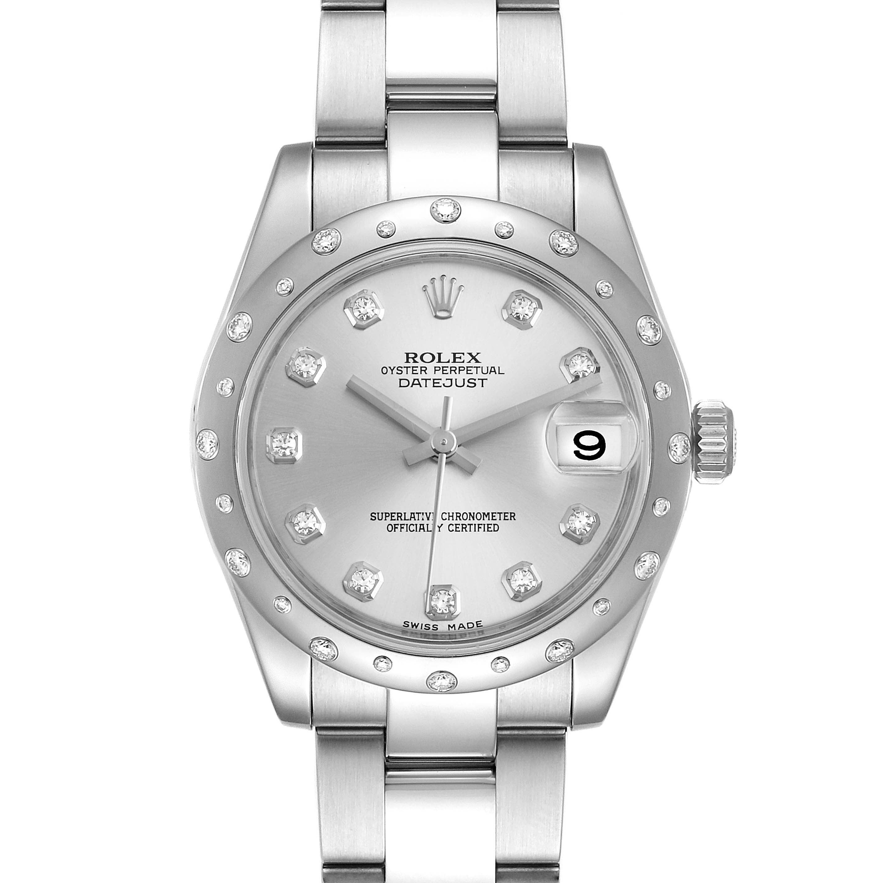 The image shows a front view of a Rolex Datejust Mid-Size watch, highlighting its dial, bezel, bracelet, and date window.