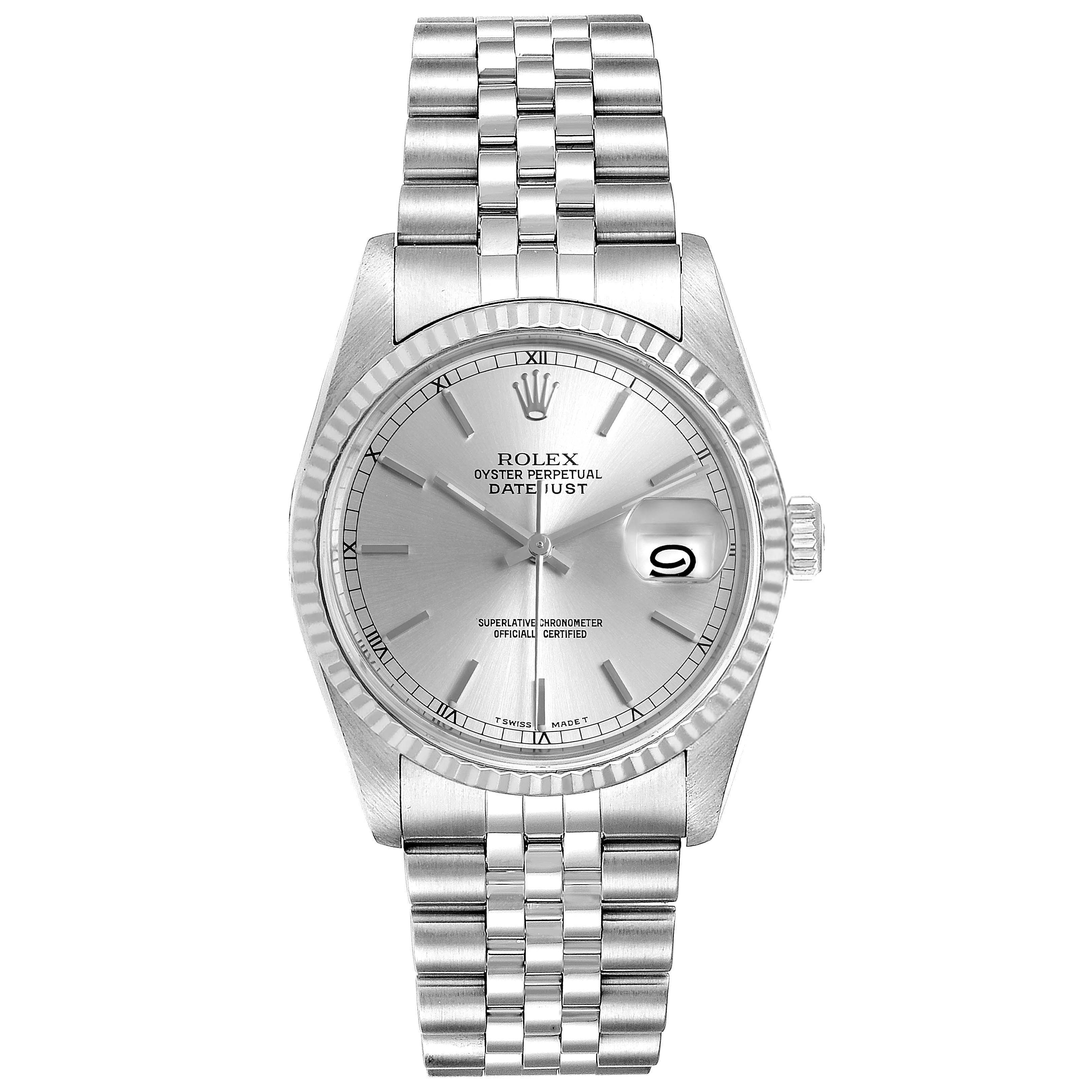 This image shows a front view of a Rolex Datejust 16234 Men's Stainless Steel Silver Dial 16234 Men's Stainless Steel Silver Dial watch, displaying its silver dial, fluted bezel, and Jubilee bracelet.