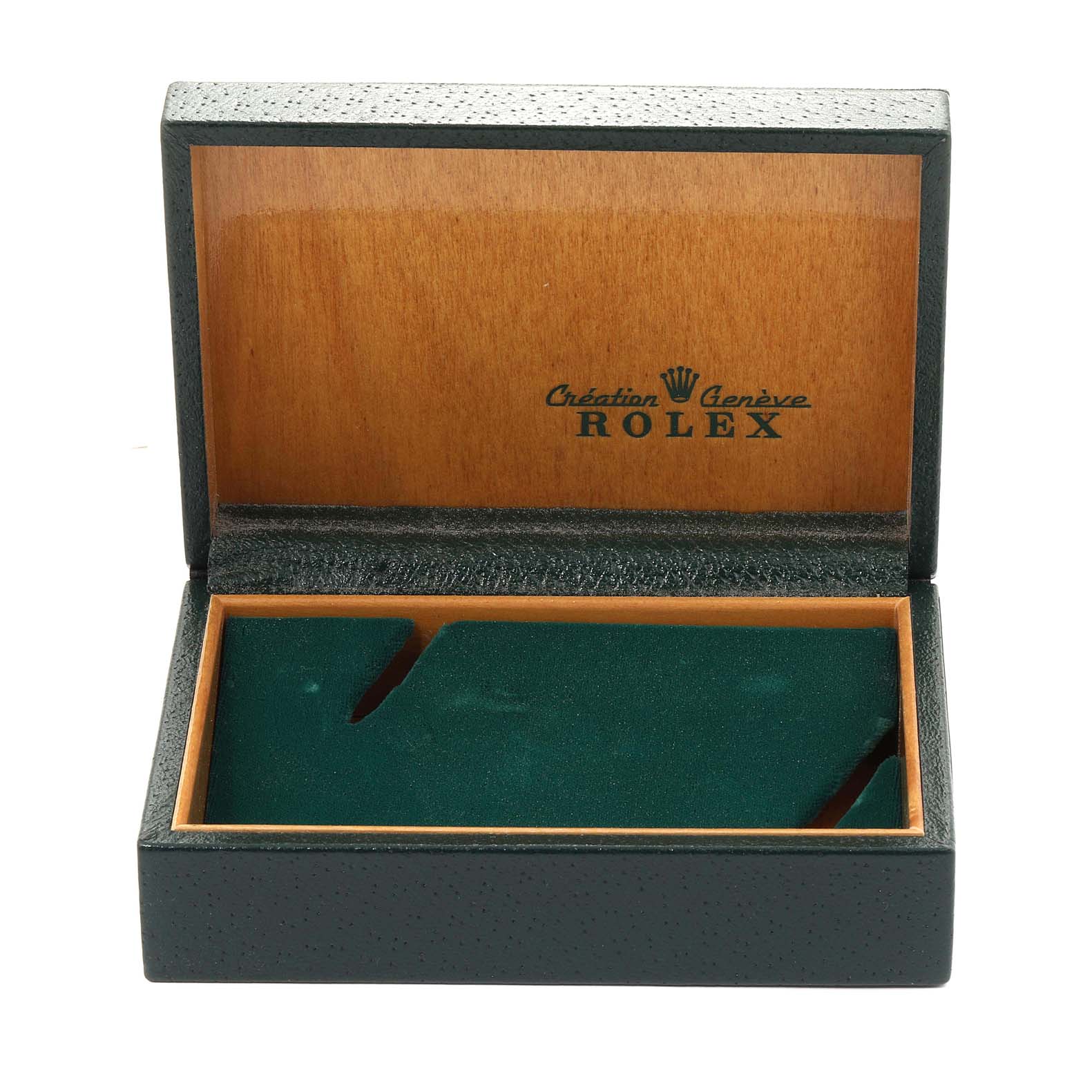 This image shows an open watch box with green interior, branded for the Rolex Datejust 16234 Men's Stainless Steel Silver Dial 16234 Men's Stainless Steel Silver Dial model.