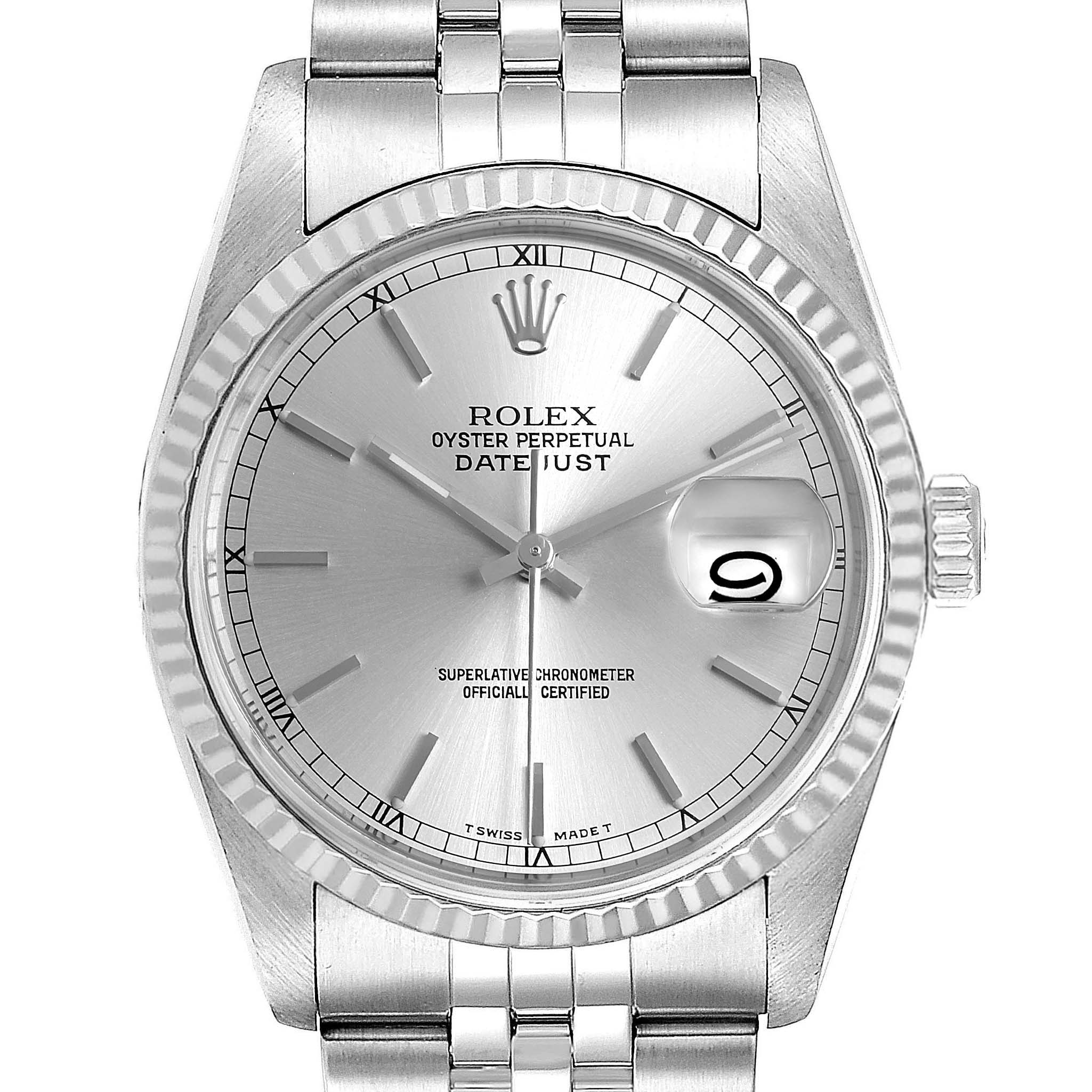 The image shows a front view of the Rolex Datejust 16234 Men's Stainless Steel Silver Dial 16234 Men's Stainless Steel Silver Dial watch, displaying the dial, bezel, bracelet, and crown.